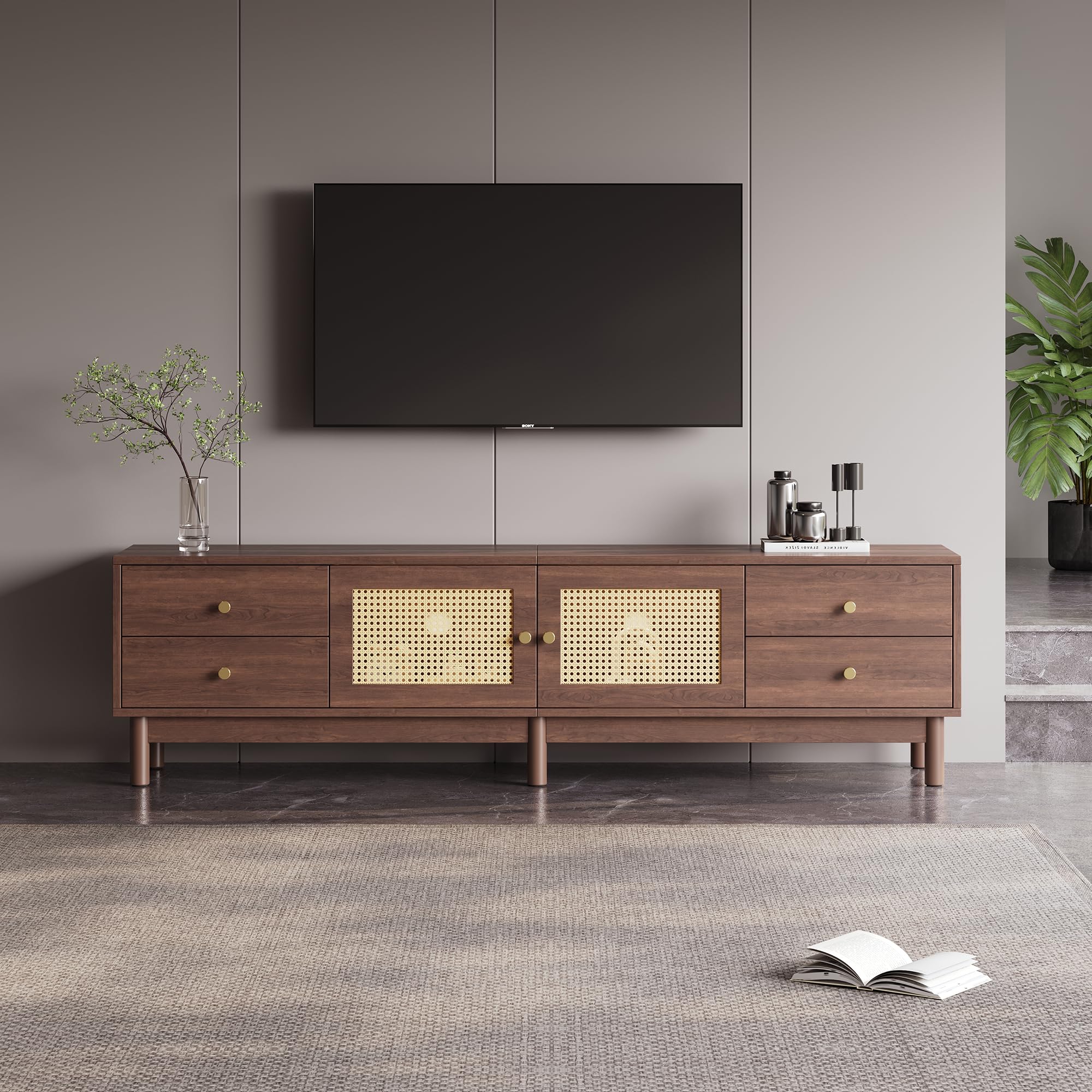 Rattan-TV-Lowboard mit 4 Schubladen & 2 Türen, Dunkelbraun, 180 cm