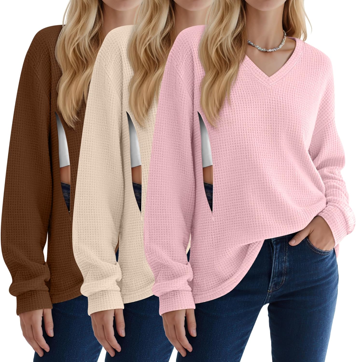 3 Pack Women's Oversized Nursing Tops Waffle Knit V Neck Breastfeeding Long Sleeve Shirts Hidden Zipper Sweatshirt