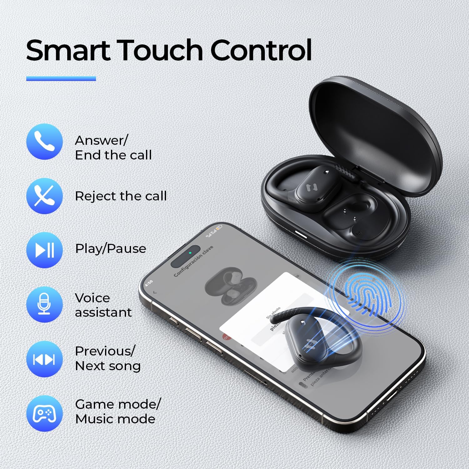 Screenshots of the HAVIT LIFE App interface showing options for equalizer settings, touch control customization, and device information.
