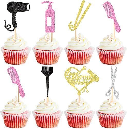 Miniatura 6 de Ercadio Paquete de 36 adornos para cupcakes temáticos de barbería con purpurina dorada para corte de pelo para despedida de soltera, despedidas de