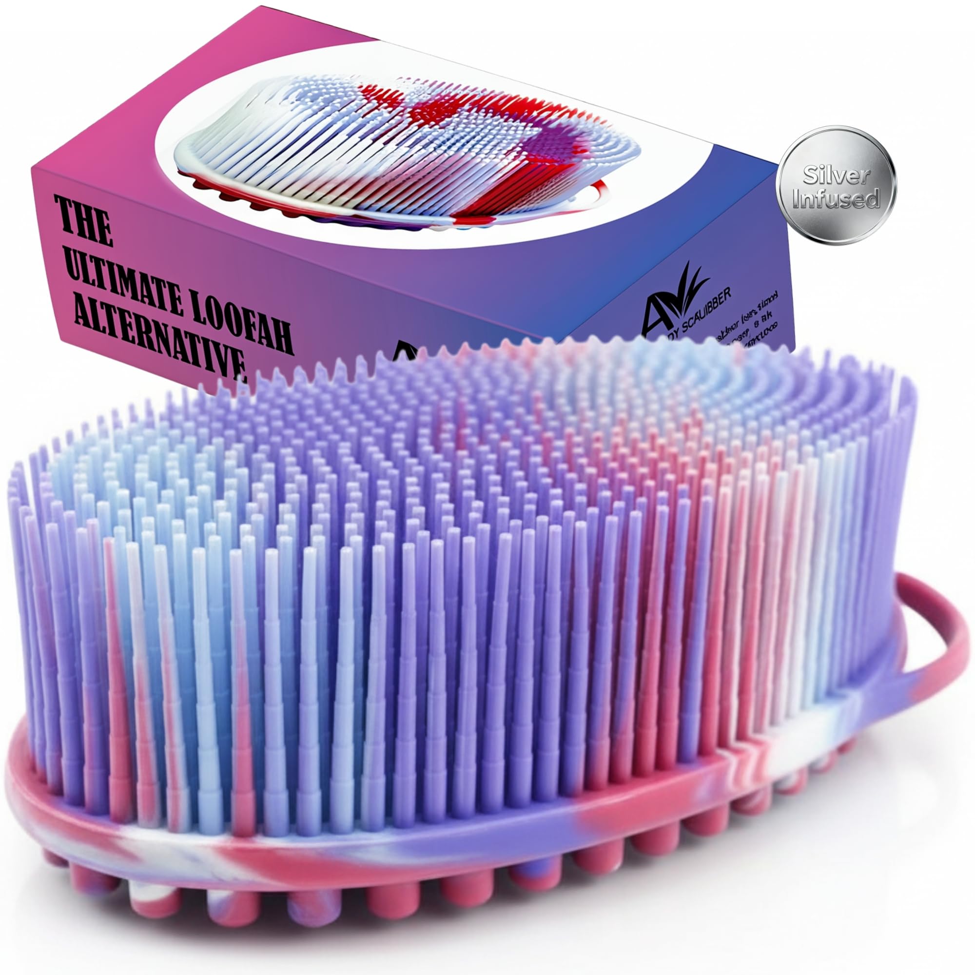 Avilana Silver Edition Body Scrubber - Silver-Ion Infused Silicone Shower Brush, ISO Tested Dual Sided, Stays Fresher Longer, SGS Certified Gentle