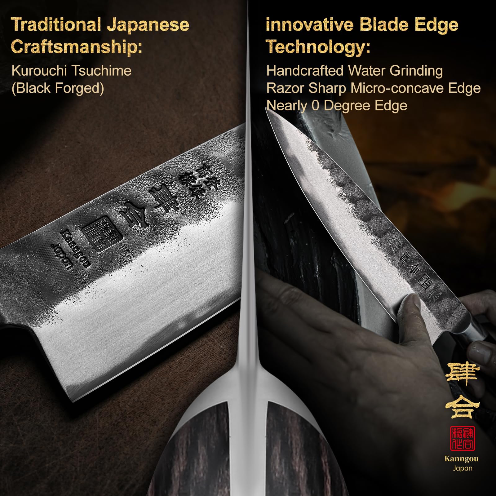 kanngou 20cm KOchmesser, japanisches Messer Schwarz Geschmiedete Küchenmesser mit AUS-8 Edelstahl und Full Tang Pakkawood Griff, Chefmesser mit Premium Box