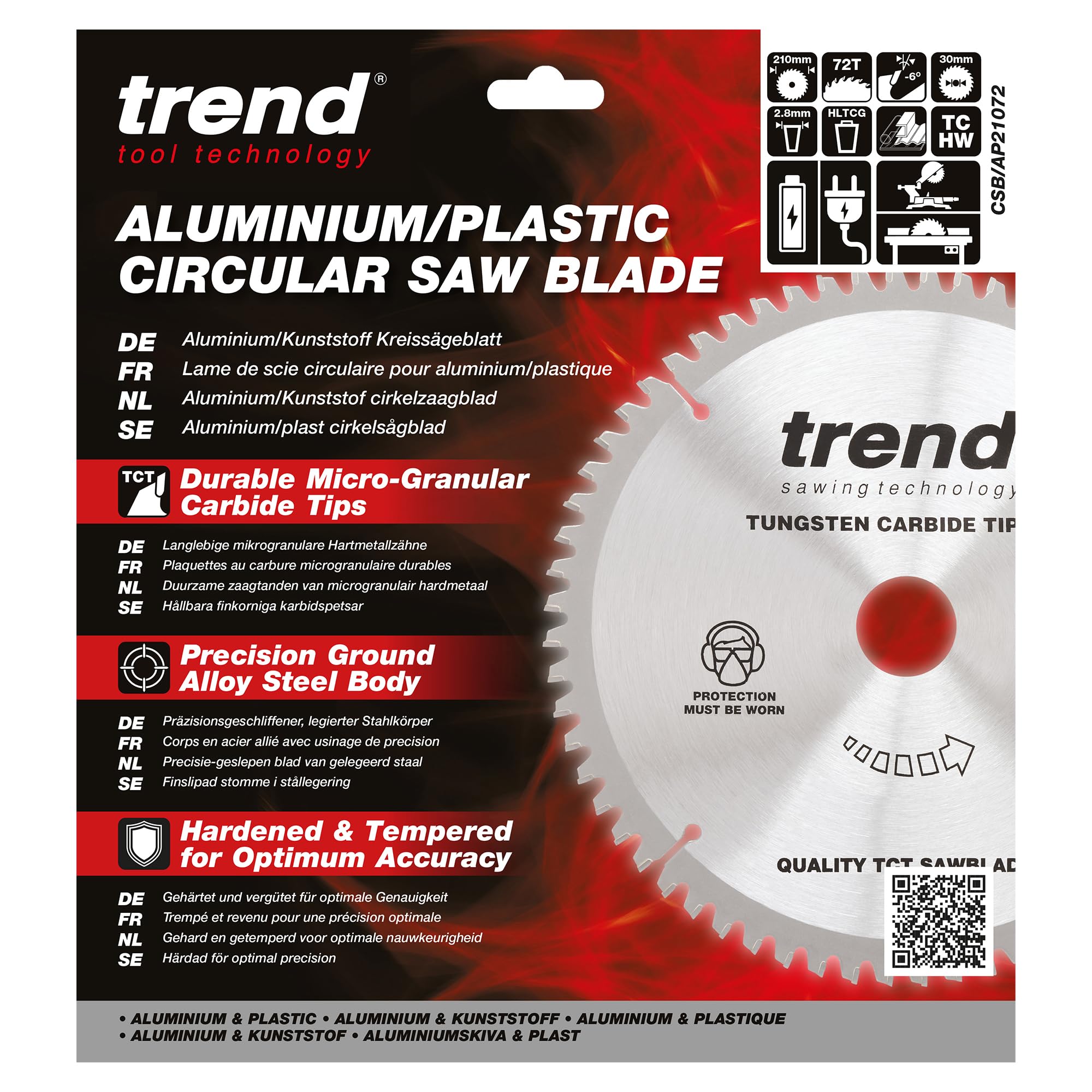 Trend Lame de scie circulaire en aluminium et plastique, diamètre 210 mm, alésage 30 mm, 72 dents, trait de scie 2,8 mm, crochet -6°, TCT, finition extra fine, CSB/AP21072