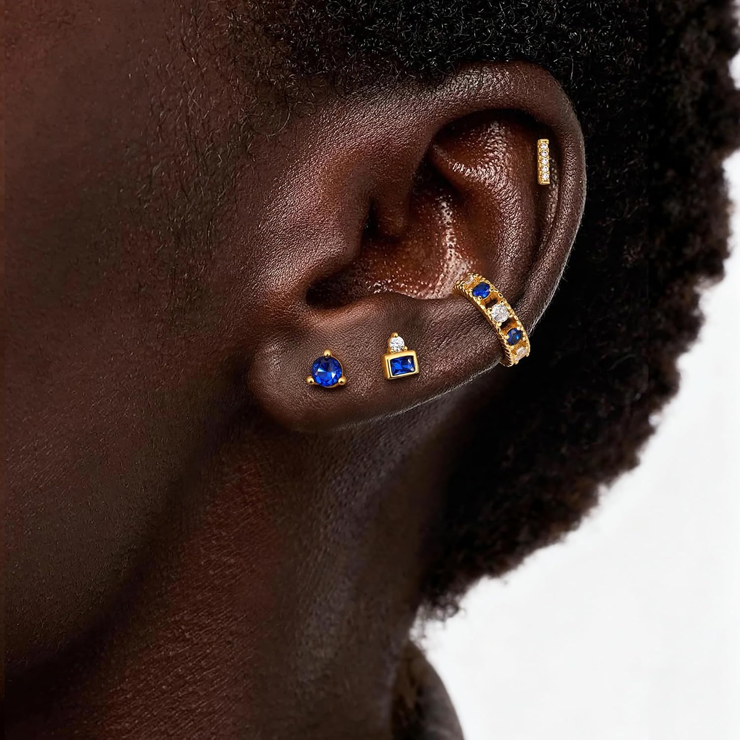 KRFY 4Pcs Flat Back Earrings, Ear Cuff S925 Sterling Silver, Screw Back Stud Earrings for Women, Dainty Cartilage Earring Helix Conch Tragus Piercing Jewelry, 16K Gold Plated, Blue/Tanzanite/Orange CZ