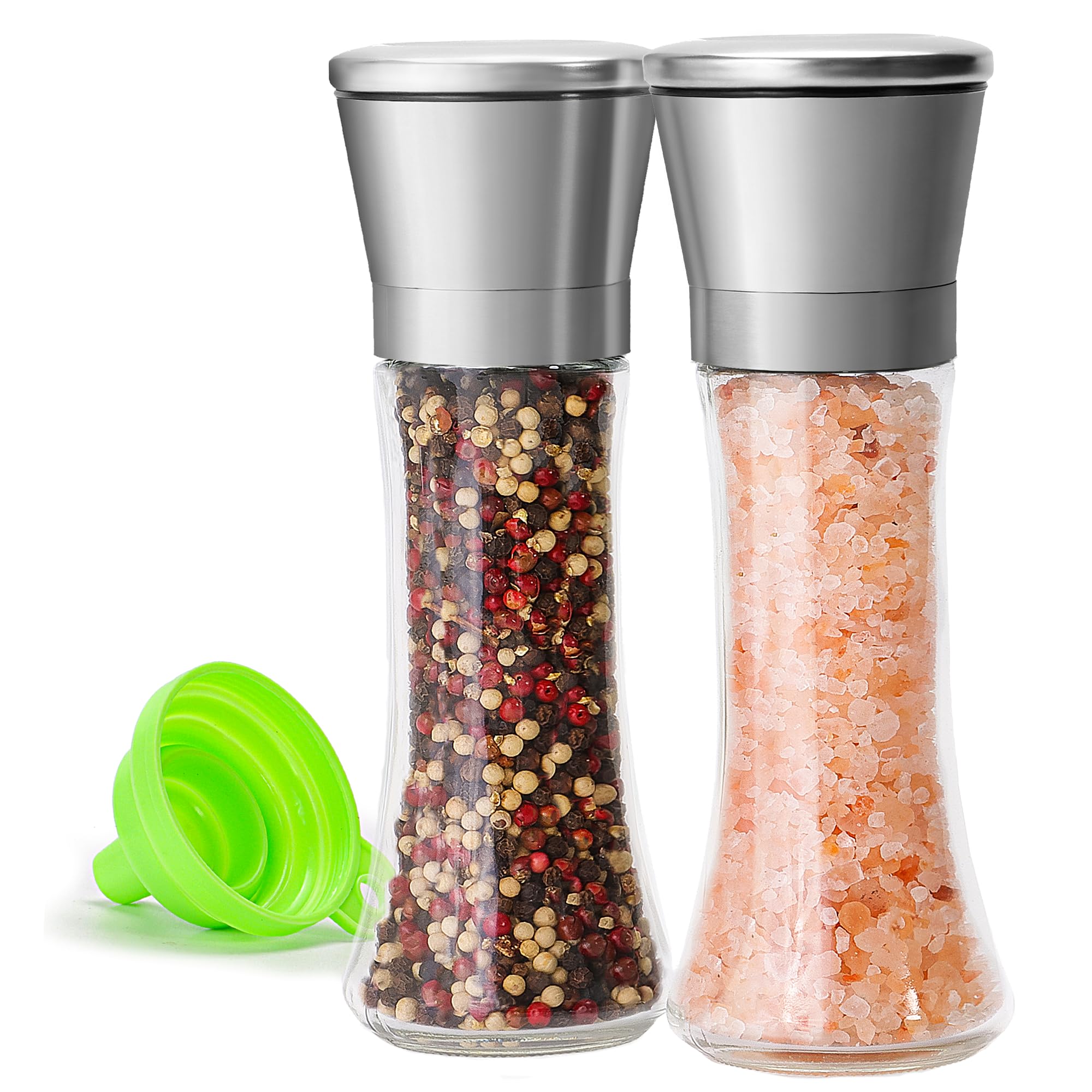 Premium Stainless Steel Sea Salt and Pepper Grinder Set of 2 - Adjustable Ceramic - Tall Glass Salt and Pepper Shakers - Pepper Mill & Salt Mill W/Funnel (2.6"W x 7.5"H)