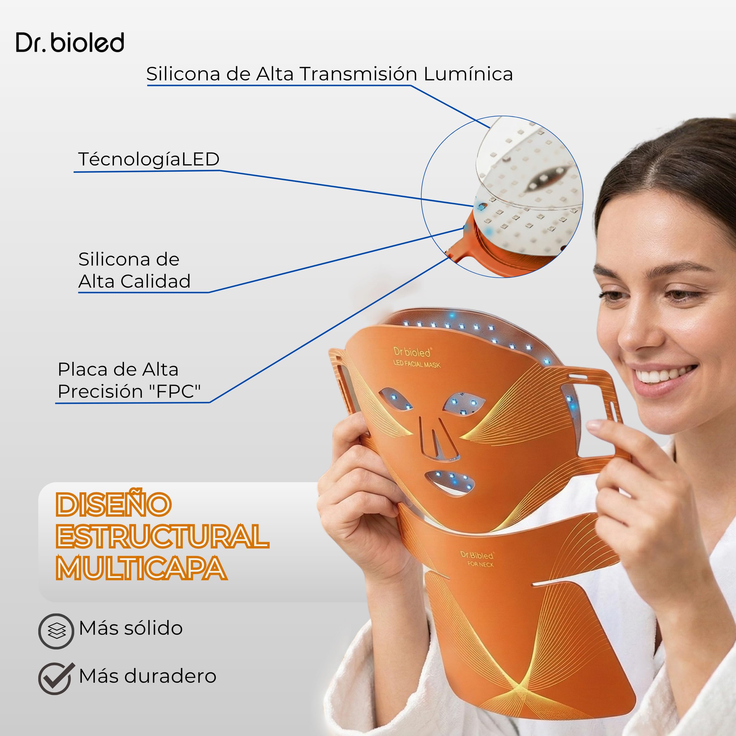 Máscara LED Facial y Cuello 488 LEDs – 8 Colores de Luz LED para Rutina de Belleza Facial – Mascarilla LED de Silicona Flexible y Cómoda – Diseño Ergonómico – DR. BIOLED