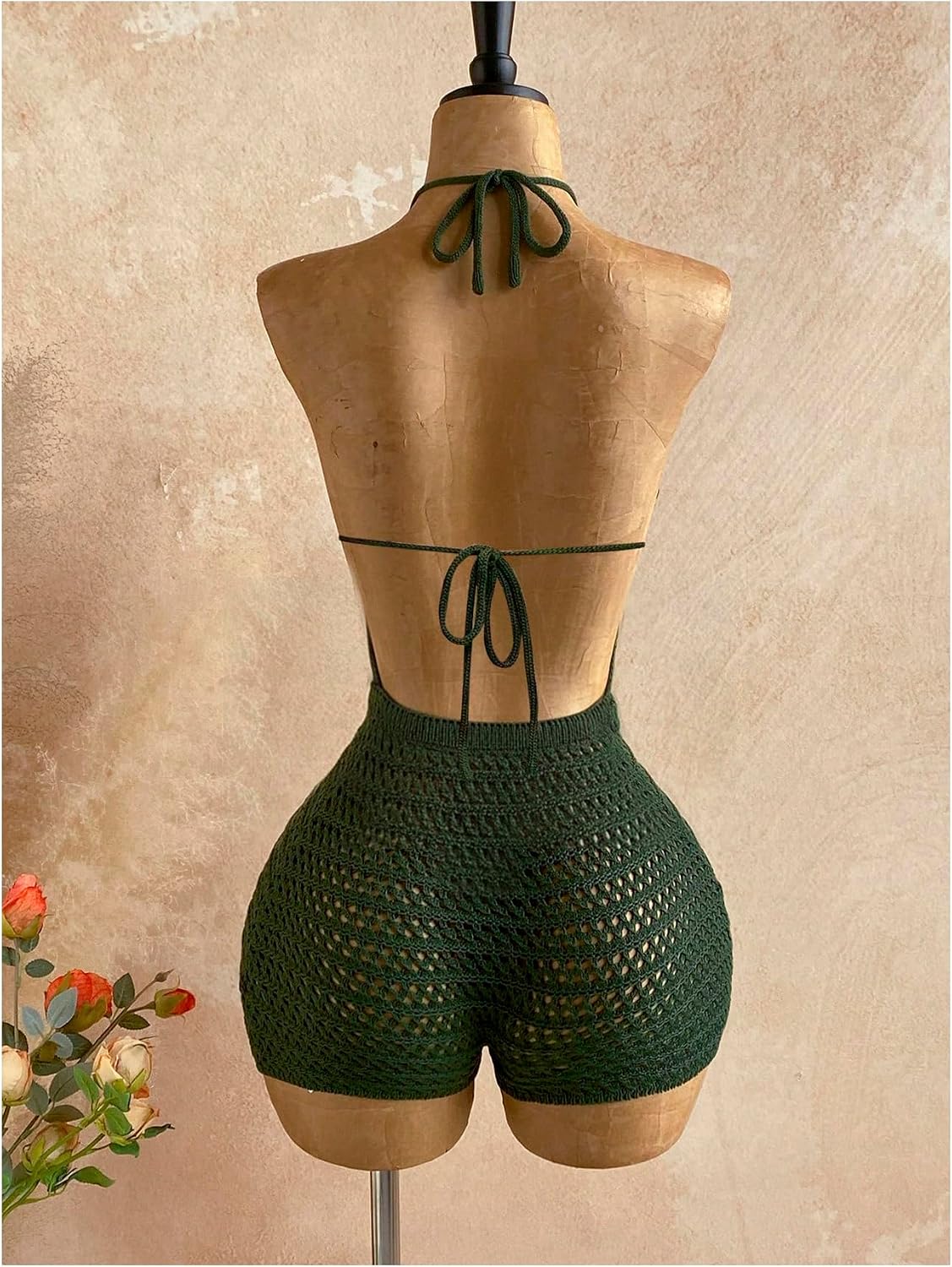 GORGLITTER Women's Crochet Halter Shorts Bodysuit Backless Sleeveless V Neck Rompers Open Back One Piece Jumpsuit Unitard