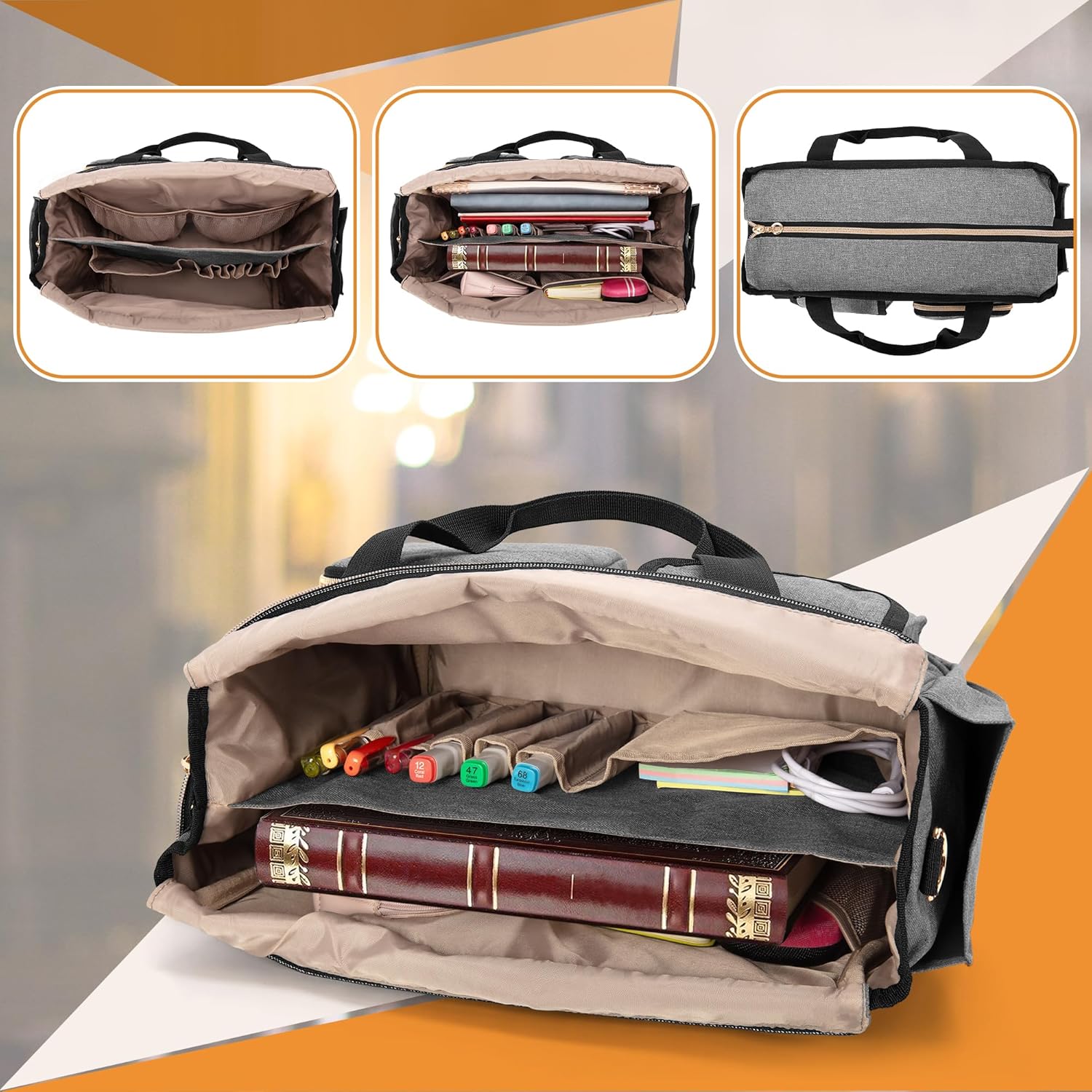 LUXJA Large Bible Bag with Water Bottle Pocket and Shoulder Strap, Bible Tote Bag for Women with Multiple Pockets (Bag Only), Gray - Image 4