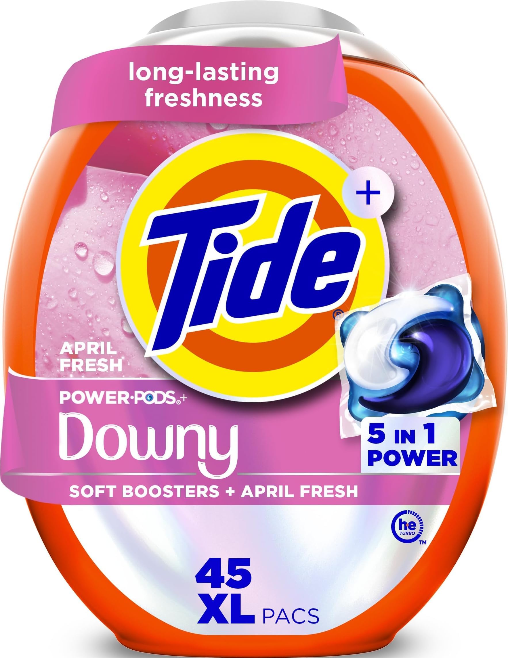 Power PODs + Downy Laundry Detergent Pods, 45 Count, Soft Boosters + April Fresh, Detergent Soap Pacs for Laundry Washing, HE Compatible