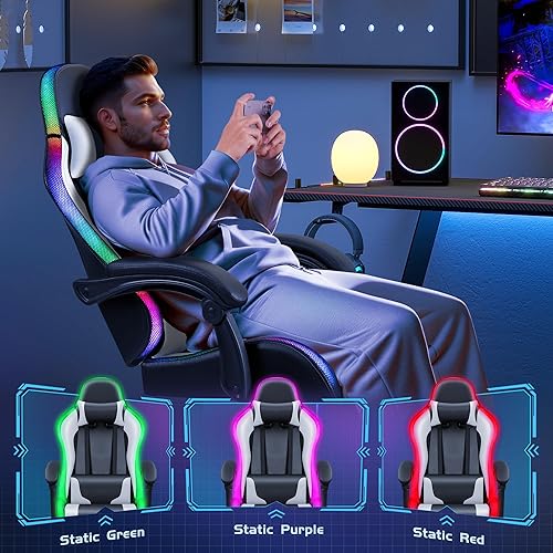 Miniatura 8 de Furmax Silla de juegos con luces LED RGB, silla de videojuegos con reposapiés y soporte lumbar de masaje, silla reclinable de respaldo alto con