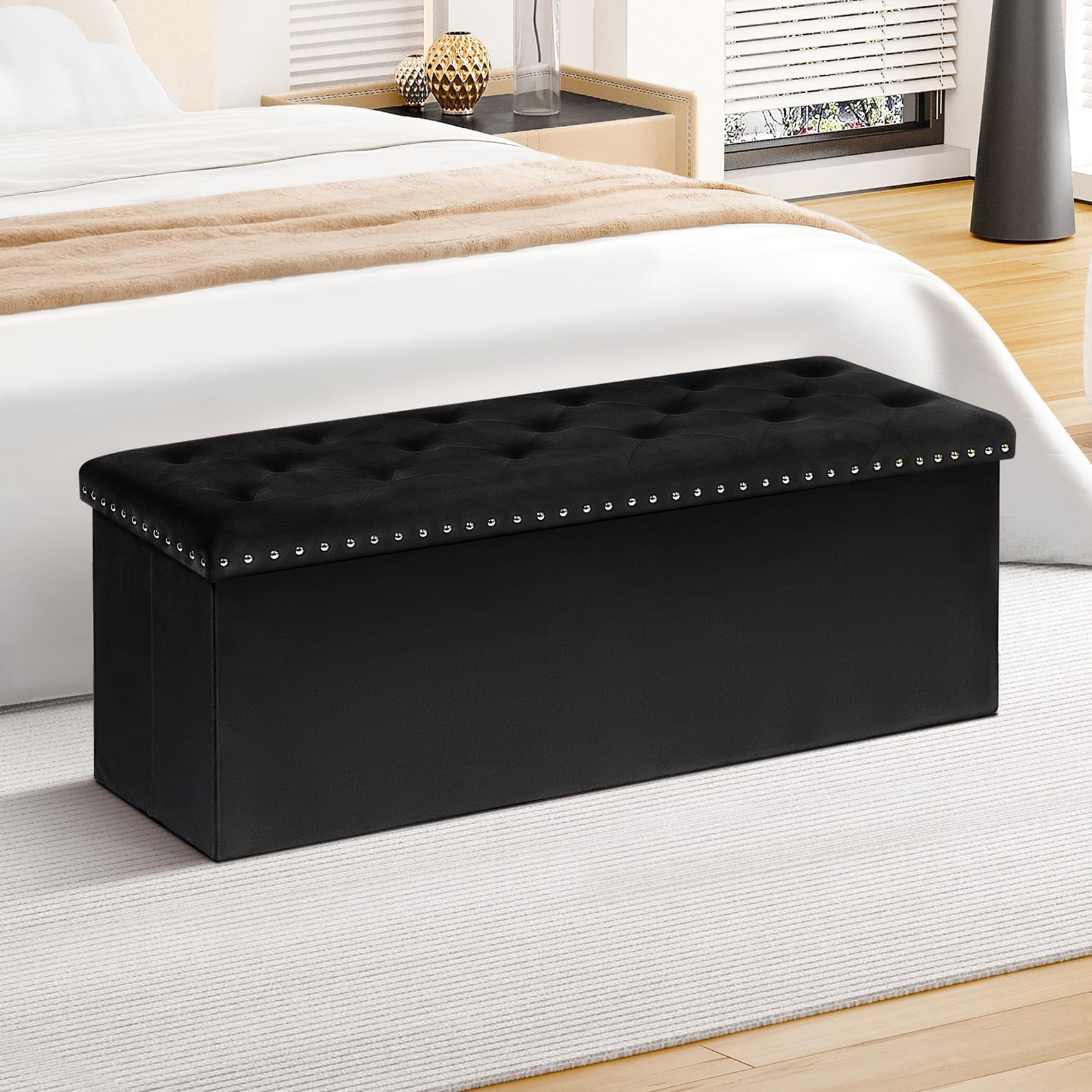 PINPLUS Baúl Banco de Almacenamiento Plegable, Puff de Terciopelo con Tapa, Reposapiés para Salón, Dormitorio y Pasillo, 110x40x40 cm, Negro