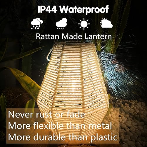Miniatura 3 de Farol solar al aire libre colgando faroles decorativos de ratán con asa, lámpara de mesa solar grande blanca impermeable para patio, jardín, boda,