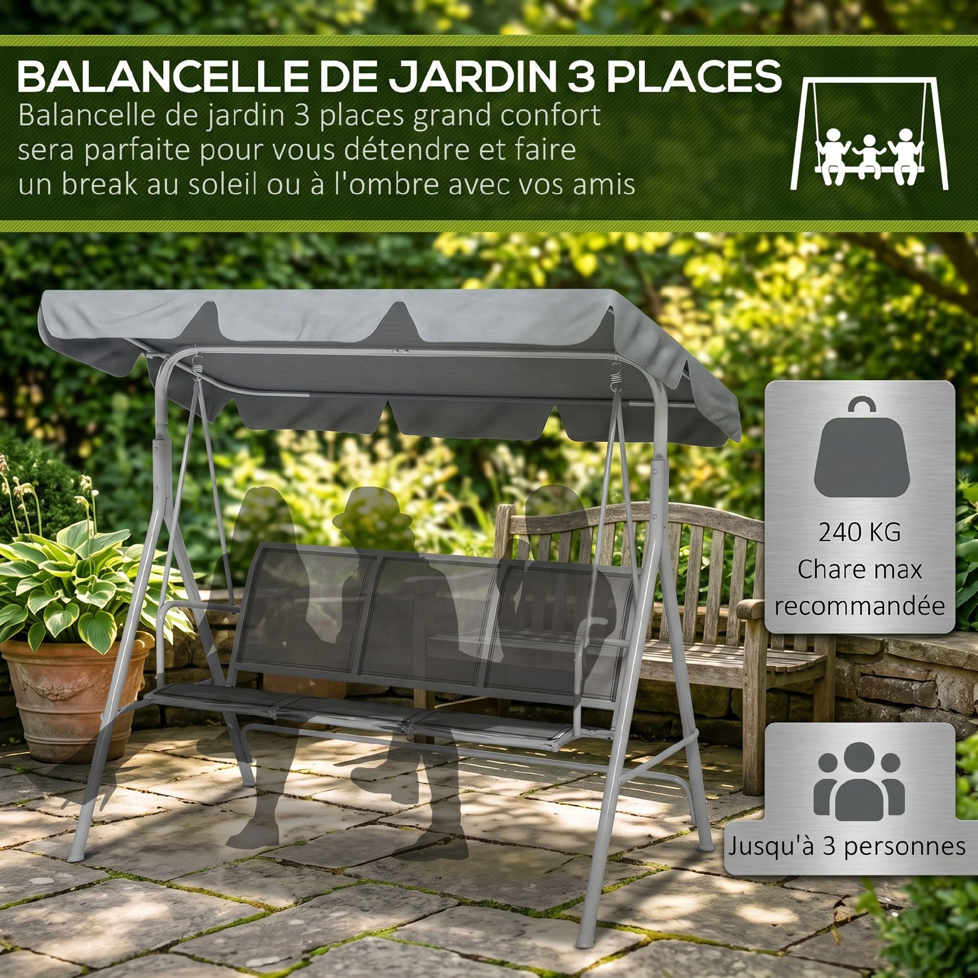Outsunny Balancelle de Jardin 3 Places Grand Confort Toit Imperméable Gris