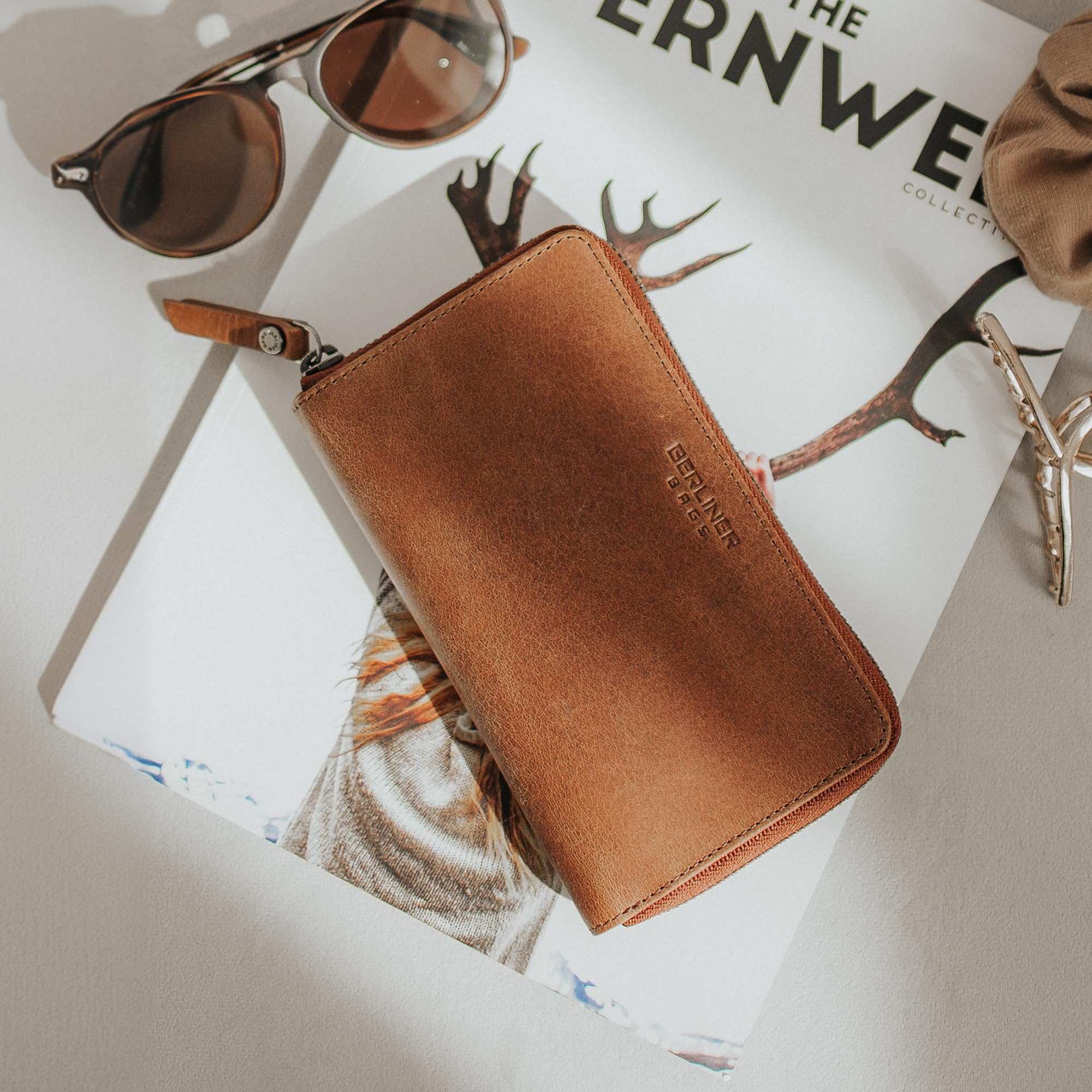 Berliner Bags Vintage Geldbörse Greta, Großes Damen Portemonnaie aus Leder, Brieftasche Geldbeutel mit RFID-Schutz, umlaufendem Reißverschluss & Münzfach für Damen – Braun