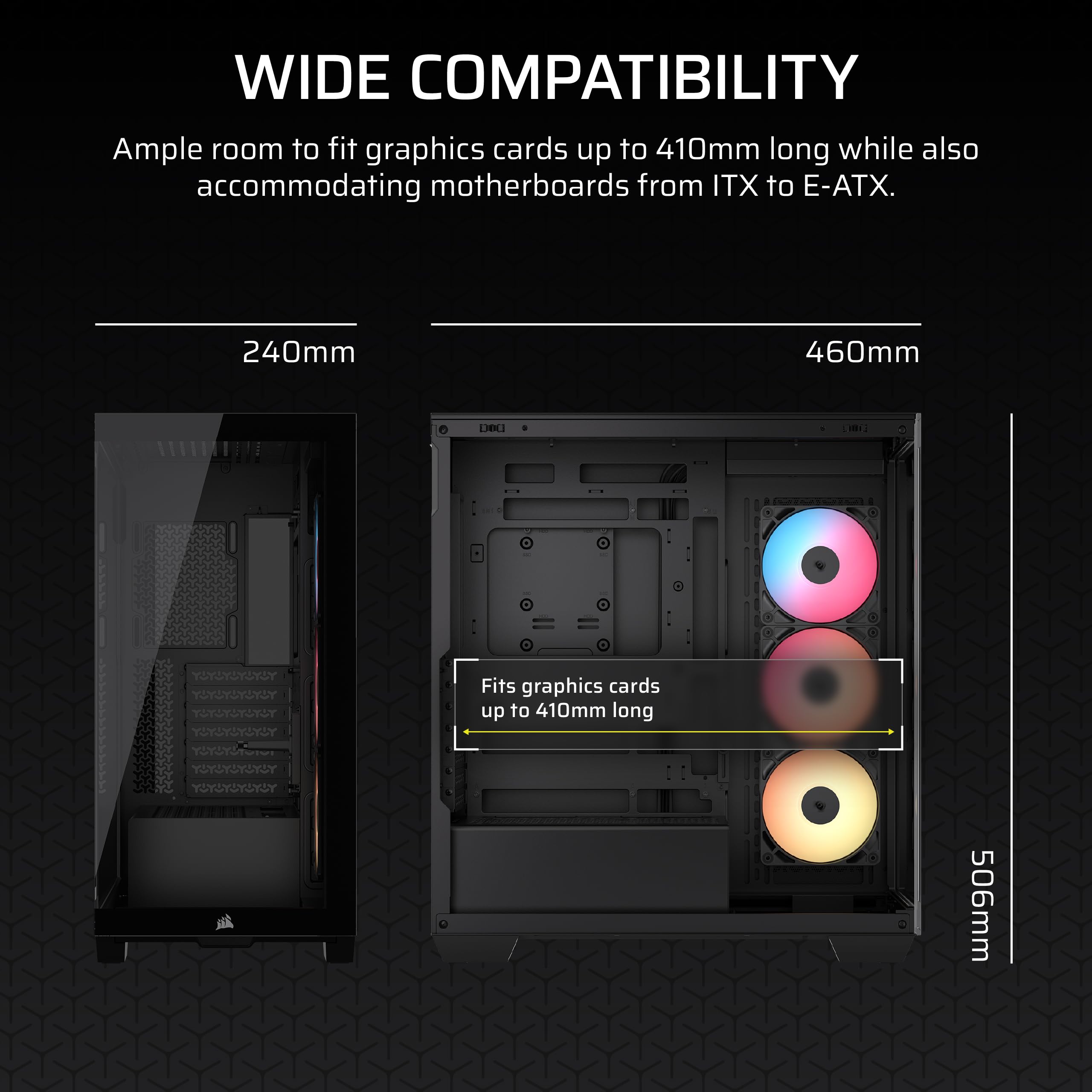 CORSAIR 3500X RS-R ARGB Caja de PC Semitorre con Panel de Cristal Panorámico – 3X RS120-R ARGB Incluidos, Puede Incluir hasta 10 Ventiladores de 120mm, Compatible con Placas Base Inversas – Negro