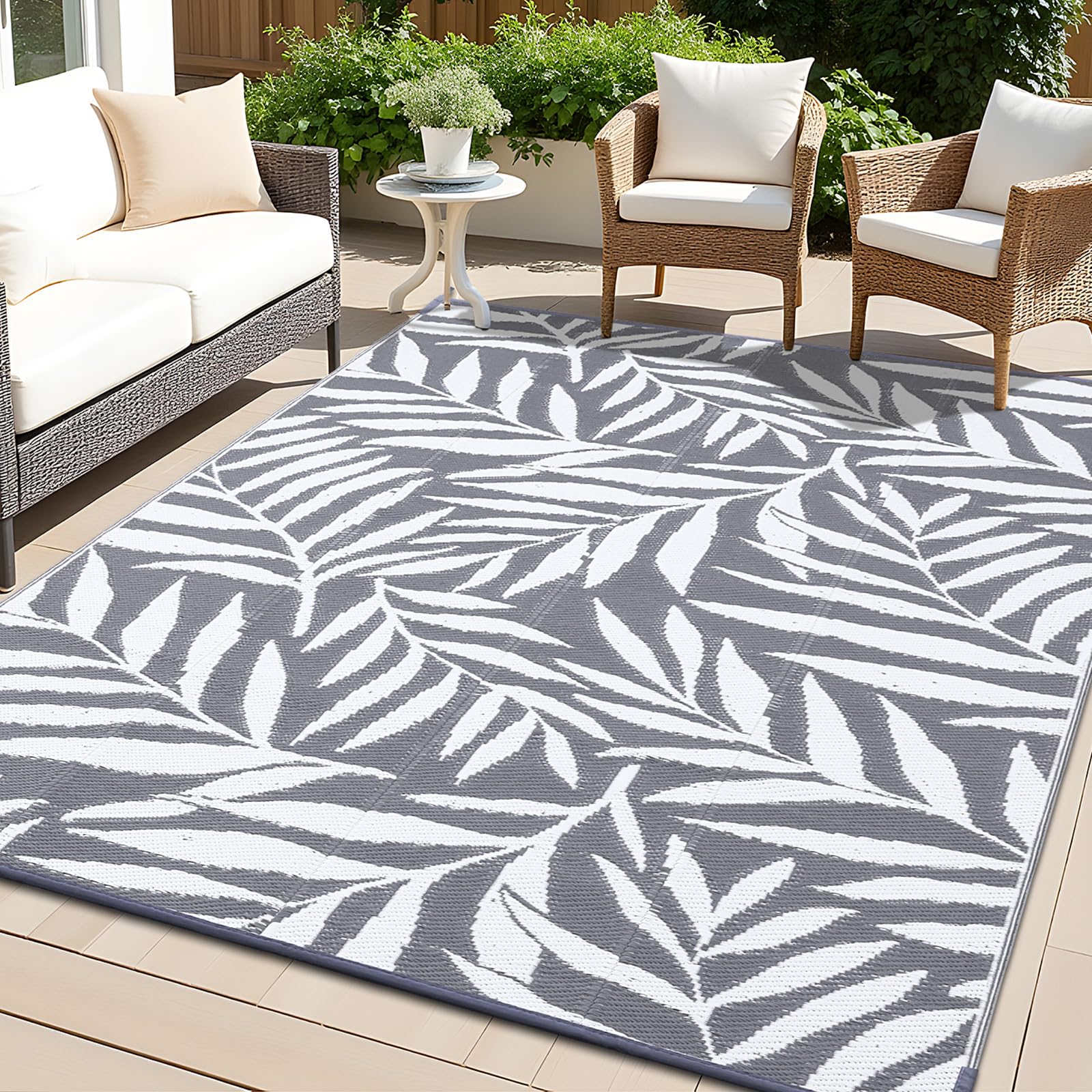 smiry Outdoor Rug Waterproof Large Garden Rugs UV-Resistant Outside Patio Carpet Reversible Plastic Straw Mat for Balcony, Camping, Picnic, Backyard- 180 x 270 cm, Grey & White - Leaf