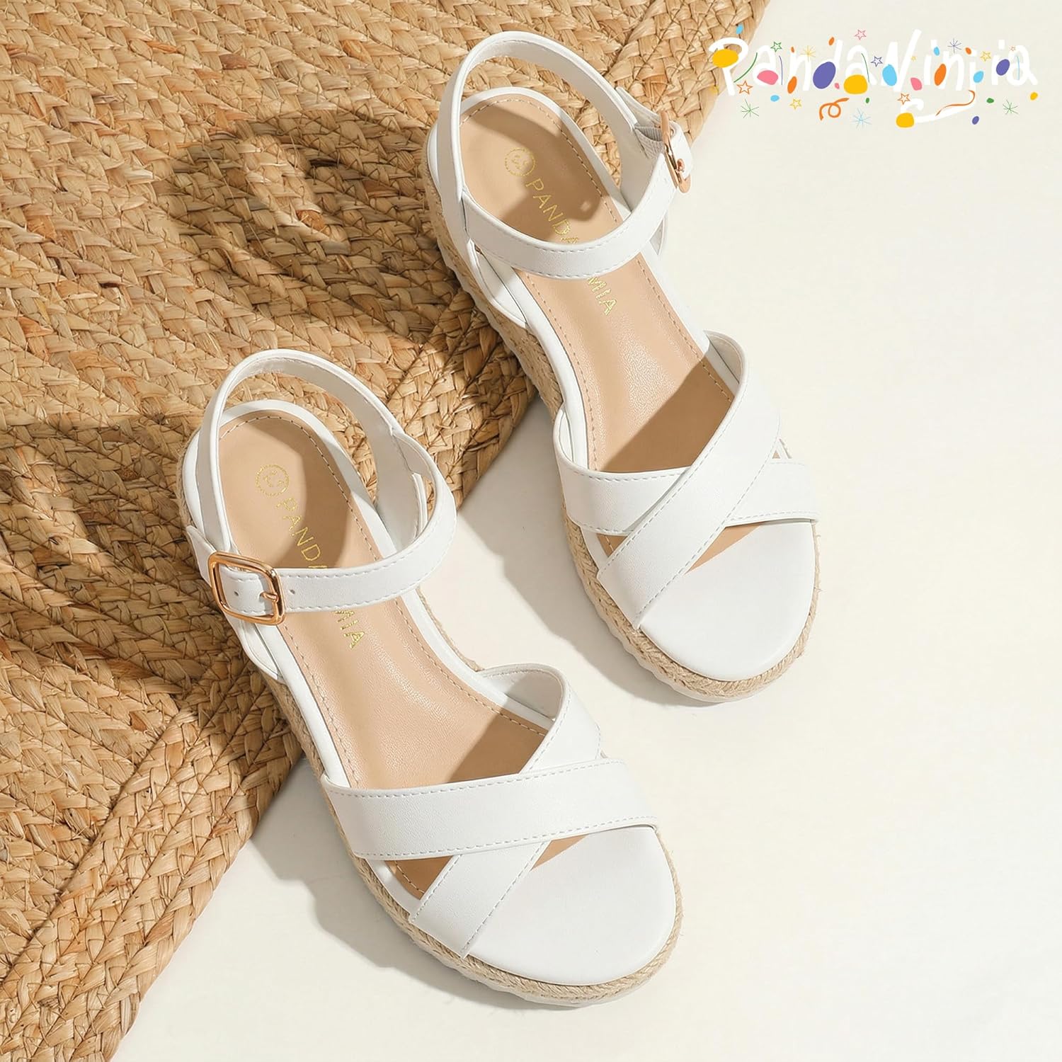 PANDANINJIA Girls Sandals Wedge Espadrilles Platform Little Big Kid Sandals Open Toe Cross Strap Summer Flower Girl Heels Dress Shoes