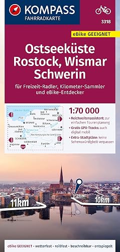 KOMPASS Fahrradkarte 3318 Ostseeküste, Rostock, Wismar, Schwerin 1:70.000: reiß- und wetterfest mit Extra Stadtplänen