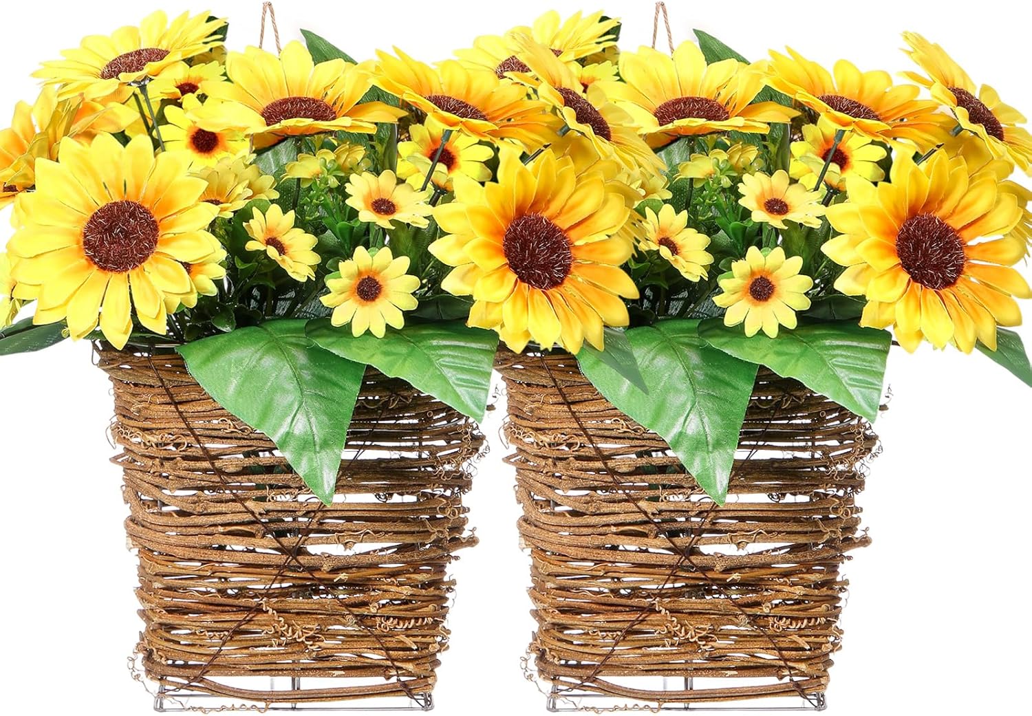 Wavwavw 2 Sets Artificial Sunflower Door Hanger Basket Wreath for Front Door Silk Sunflower Wreath Hanging Decor Basket Welcome Sign Home Porch Farmhouse Wedding Decor
