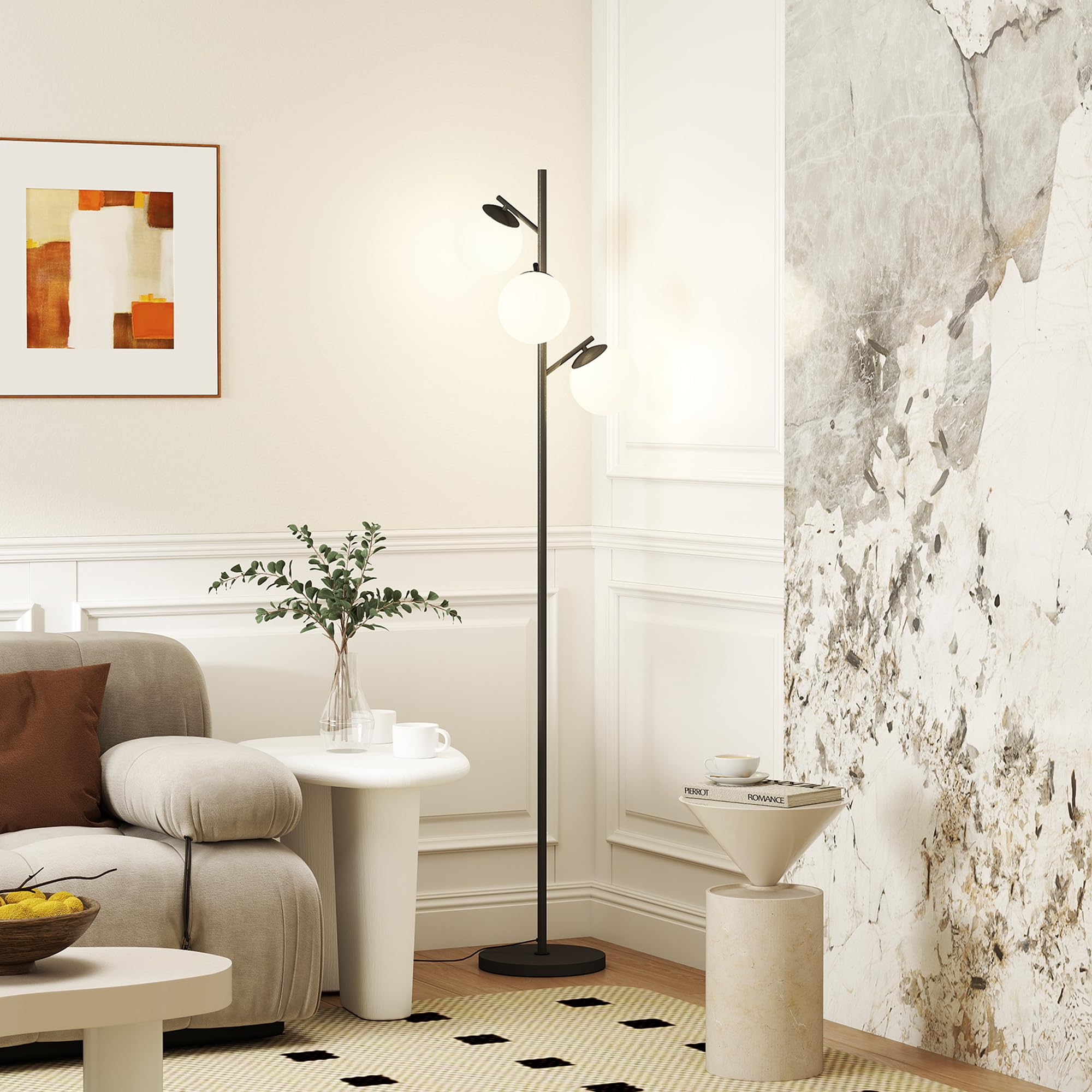 Rackhams Light/Black 3- Tree Floor Lamps For Living Room, Modern Standing Lamp For Bedroom With Globe Lampshade, Steel Base, Bulb Not Included,