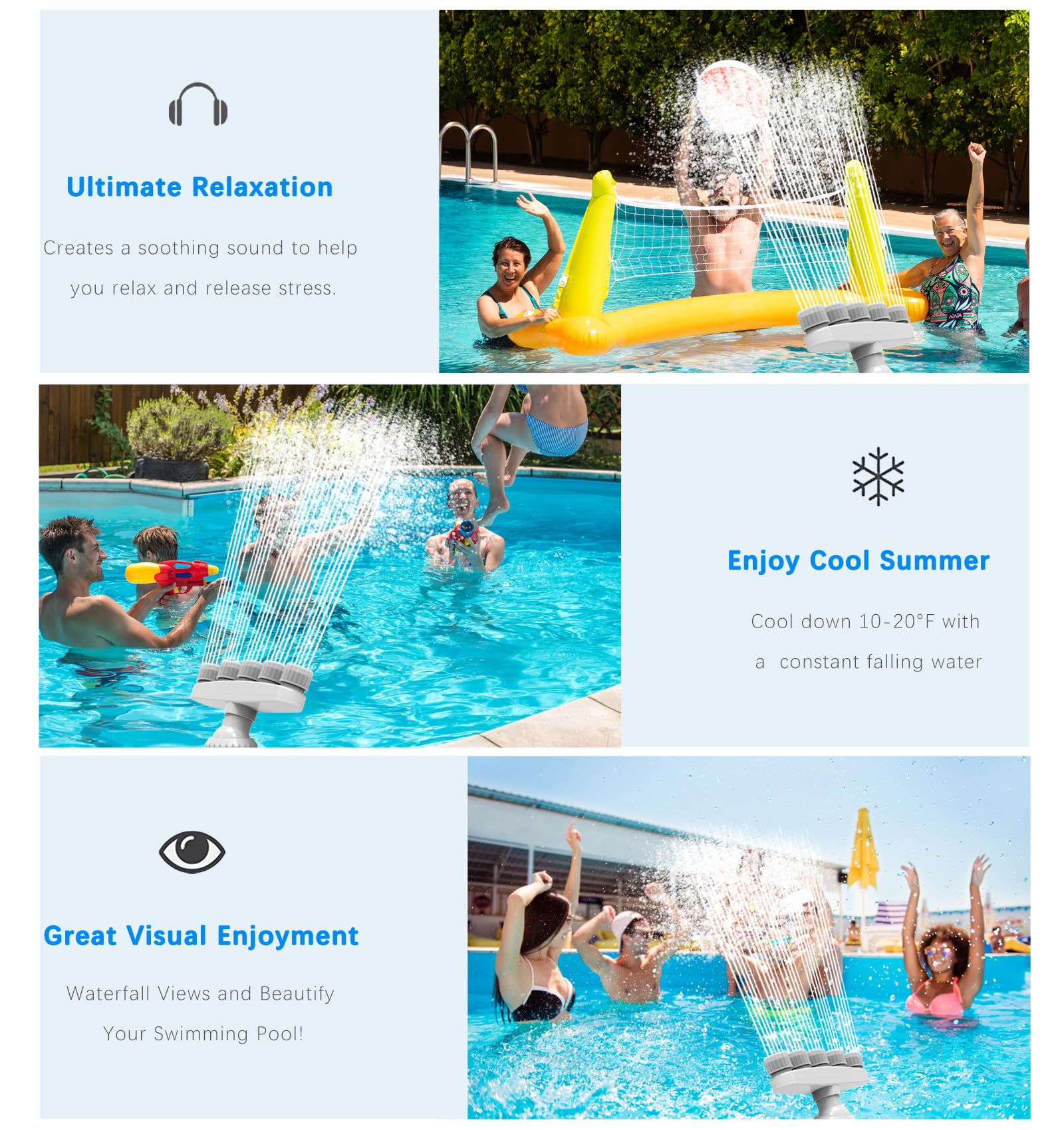 Cascada de piscina para colocar sobre suelo y piscinas empotradas, cascada ajustable con 5 boquillas, accesorios de piscina divertidos, estanque de cascada, accesorios para piscina al aire libre para