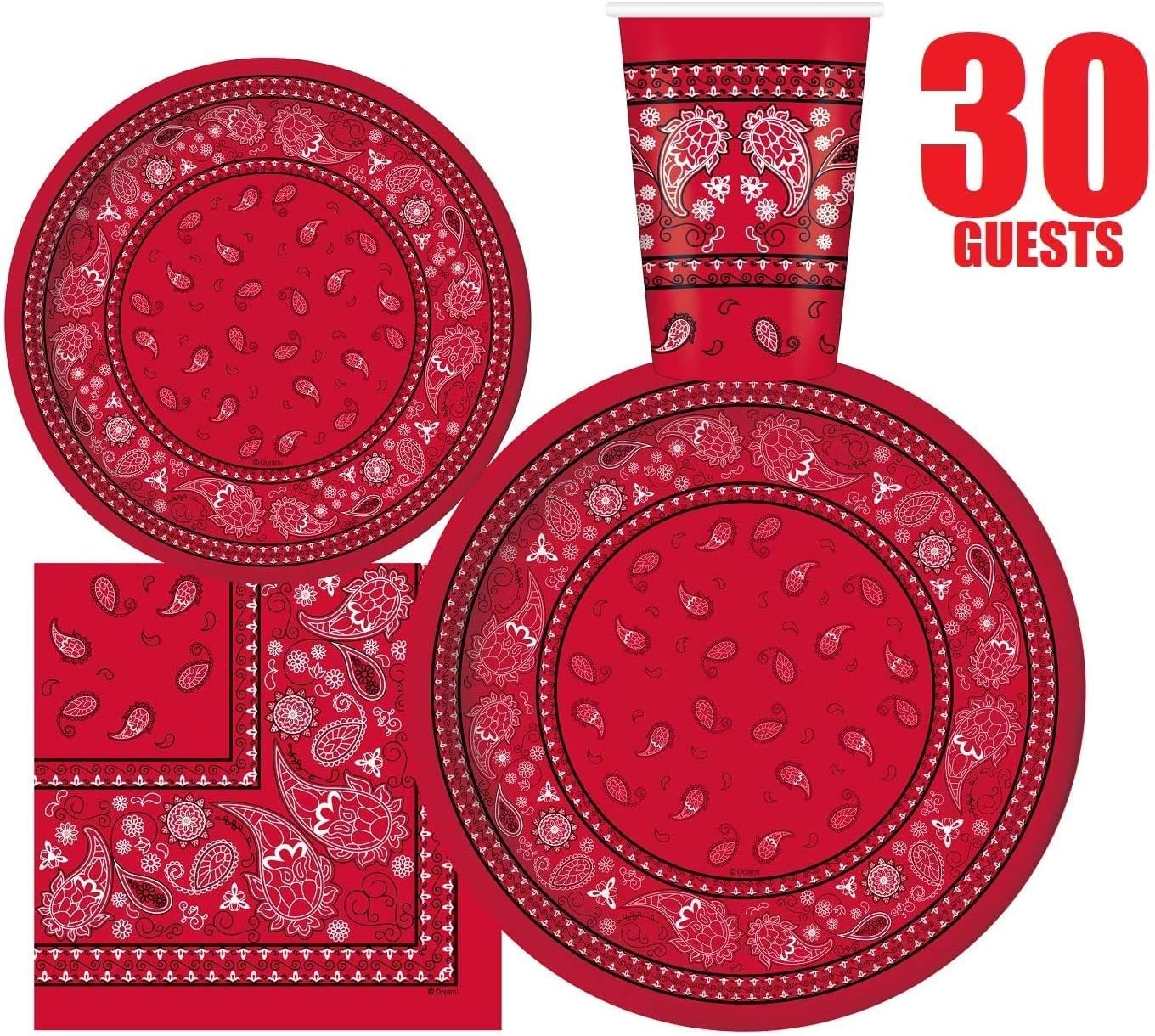 Serves 30 | Complete Party Pack | Red Bandana Western Party Supplies | 9" Dinner Paper Plates | 7" Dessert Paper Plates | 12 oz Cups | 3 Ply Napkins |Red Bandana Western Birthday Party Supplies : Home & Kitchen