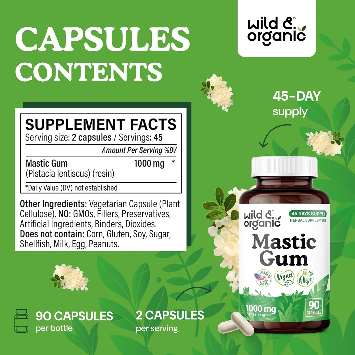 Wild & Organic Mastic Gum Capsules - 1000 mg Mastic Gum Supplement for Gut Support - 45 Days of Supply - 90 Vegan Resin Capsules - No Fillers, Non-GMO, Gluten-Free - Image 3