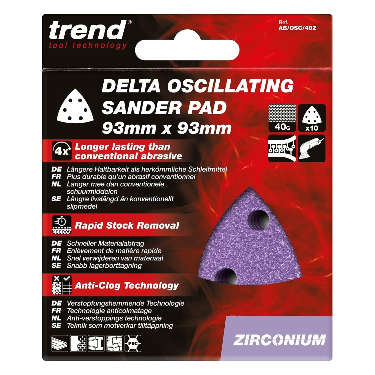 Trend Zirconium 4 Inch Delta 40 Grit Abrasive Sanding Sheets, AB/OSC/40Z, Pack of 10