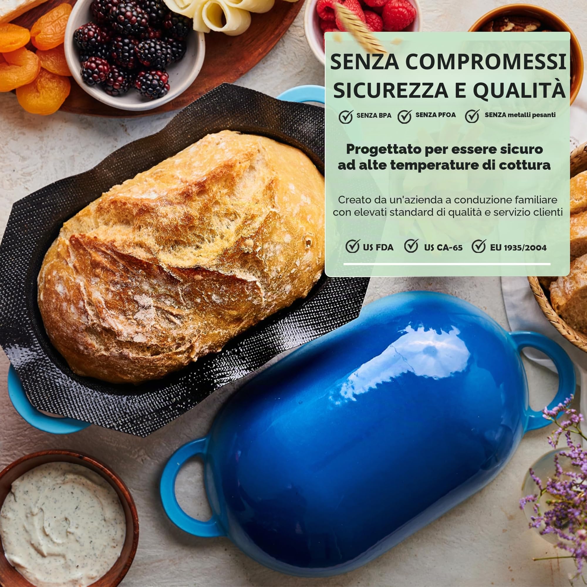 LoafNest Il kit per pane artigianale più semplice del mondo, forno olandese in ghisa [sfumato blu] e rivestimento in silicone perforato antiaderente