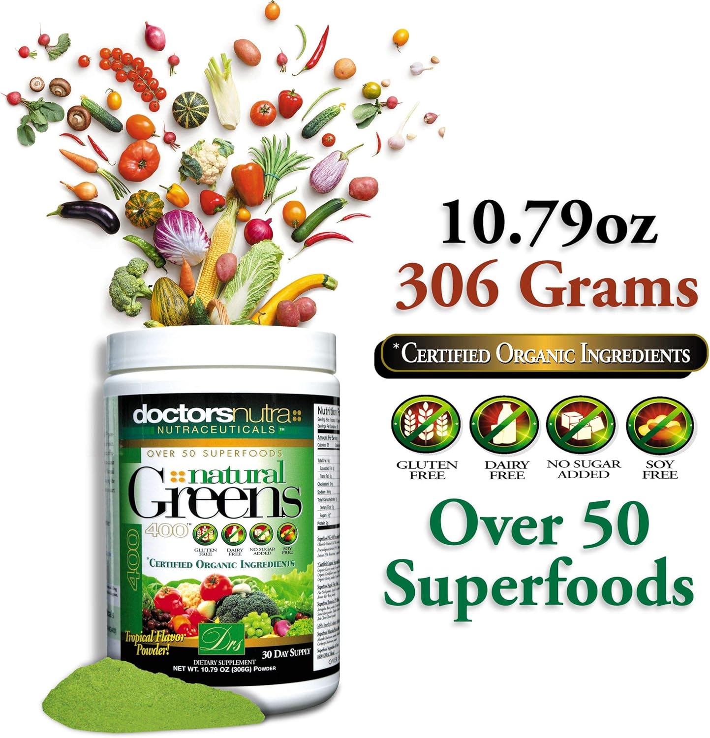 (Pack of 2) Natural Greens Juice Drink Super Food, 10.79 Ounces (306 Grams) with Certified Organic Ingredients - 50 Vegetarian Superfoods - no Gluten, Tropical Flavor