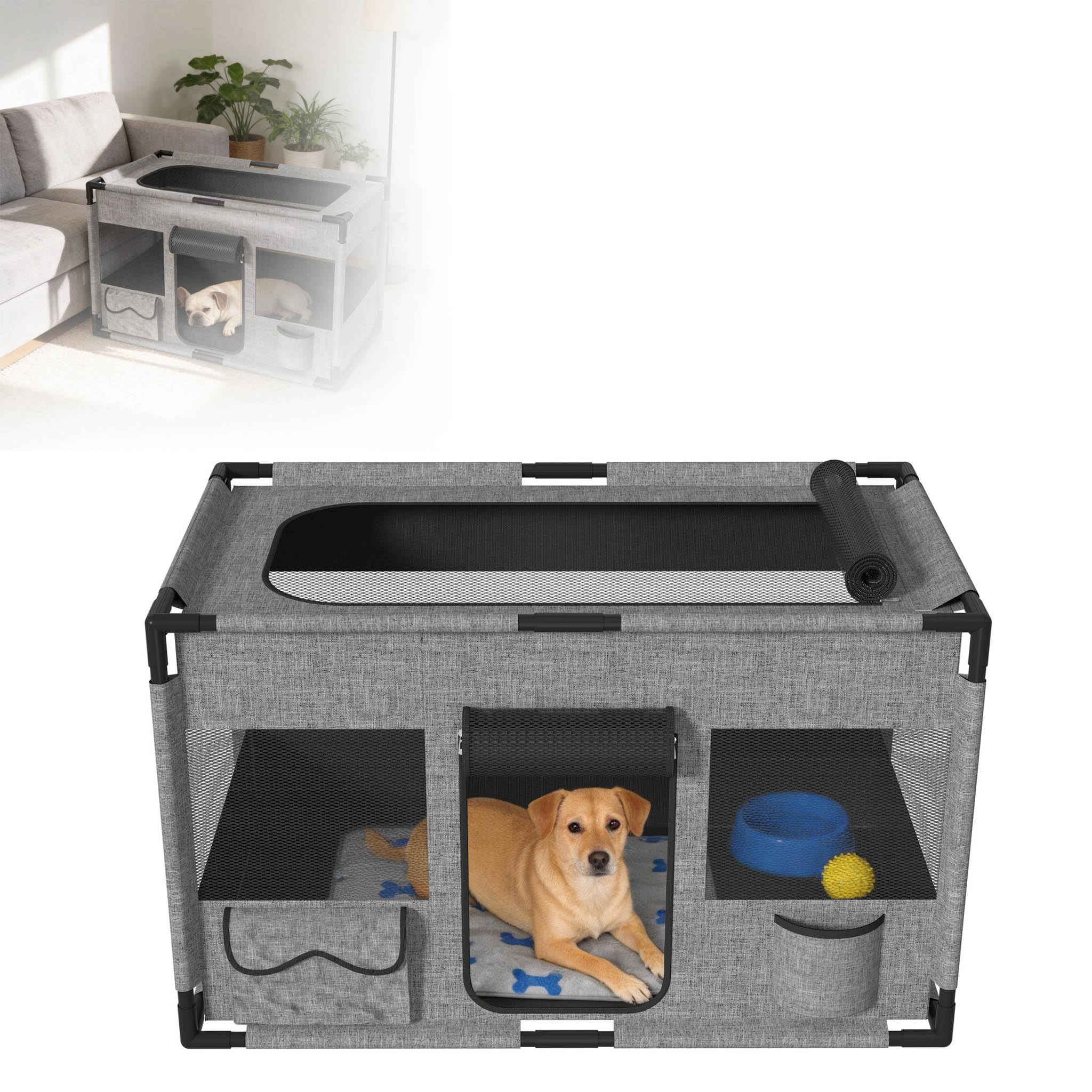 Welpenauslauf für Hunde & Katzen, 600D Oxford-Gewebe, atmungsaktive Netzfenster, PVC-Rahmen, stabil & faltbar, Indoor & Outdoor, Quadratisch, Grau, M, 85 × 65 × 65 cm