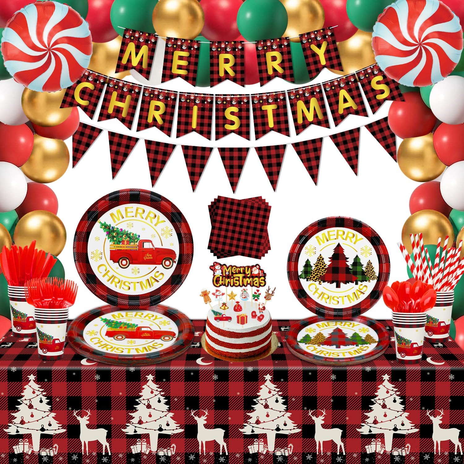 166PCS Christmas Party Decoration Red Black Plaid Christmas Party Supplies Set Christmas Party Tableware Set-Plates, Napkins, Tablecloth, banner for Xmas Holiday Party Dinner Decoration Serves 20