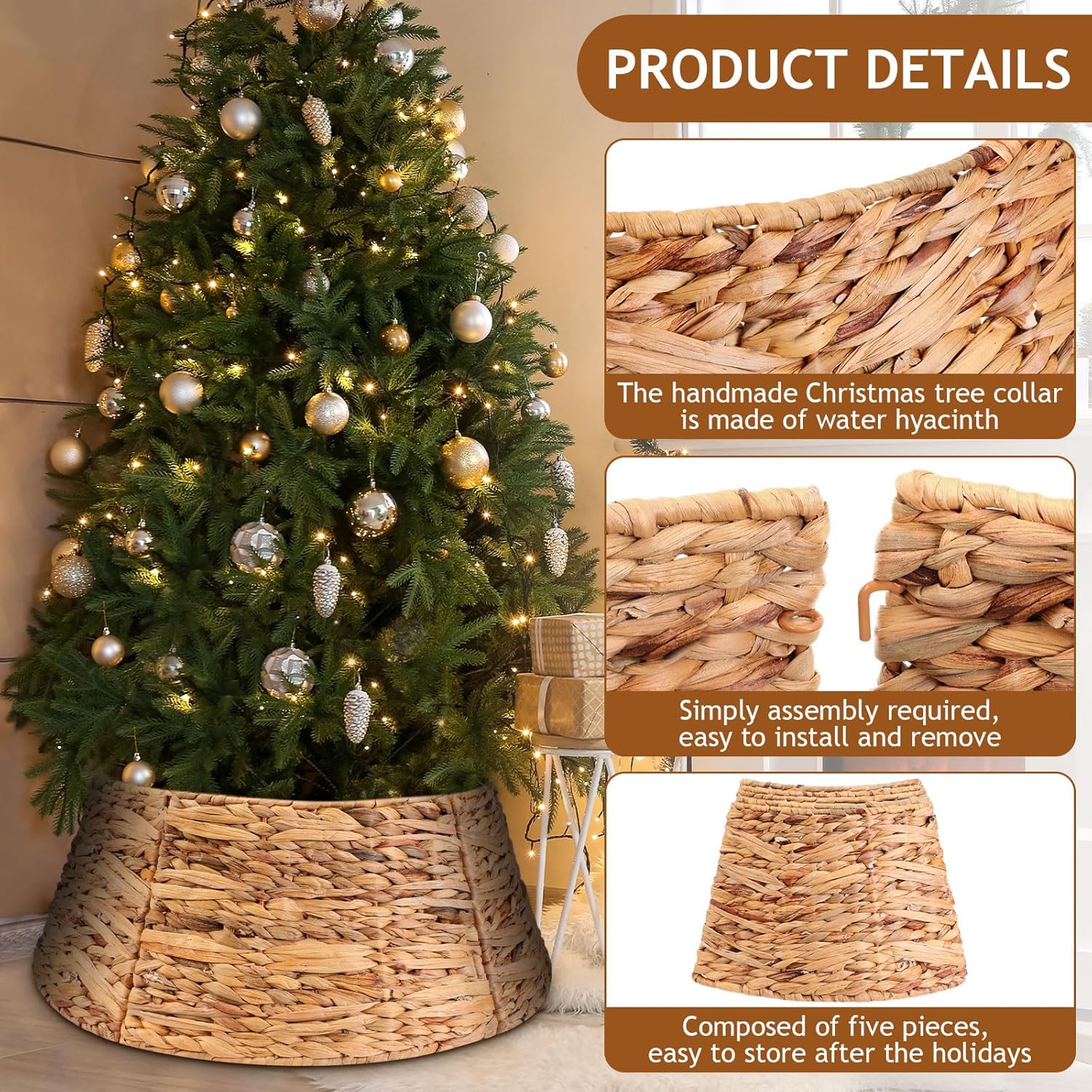 Liliful 26 Inch Christmas Tree Collar Basket, Large Woven Hyacinth Rustic Christmas Tree Base Cover Skirt for Holiday Decorations Accessories