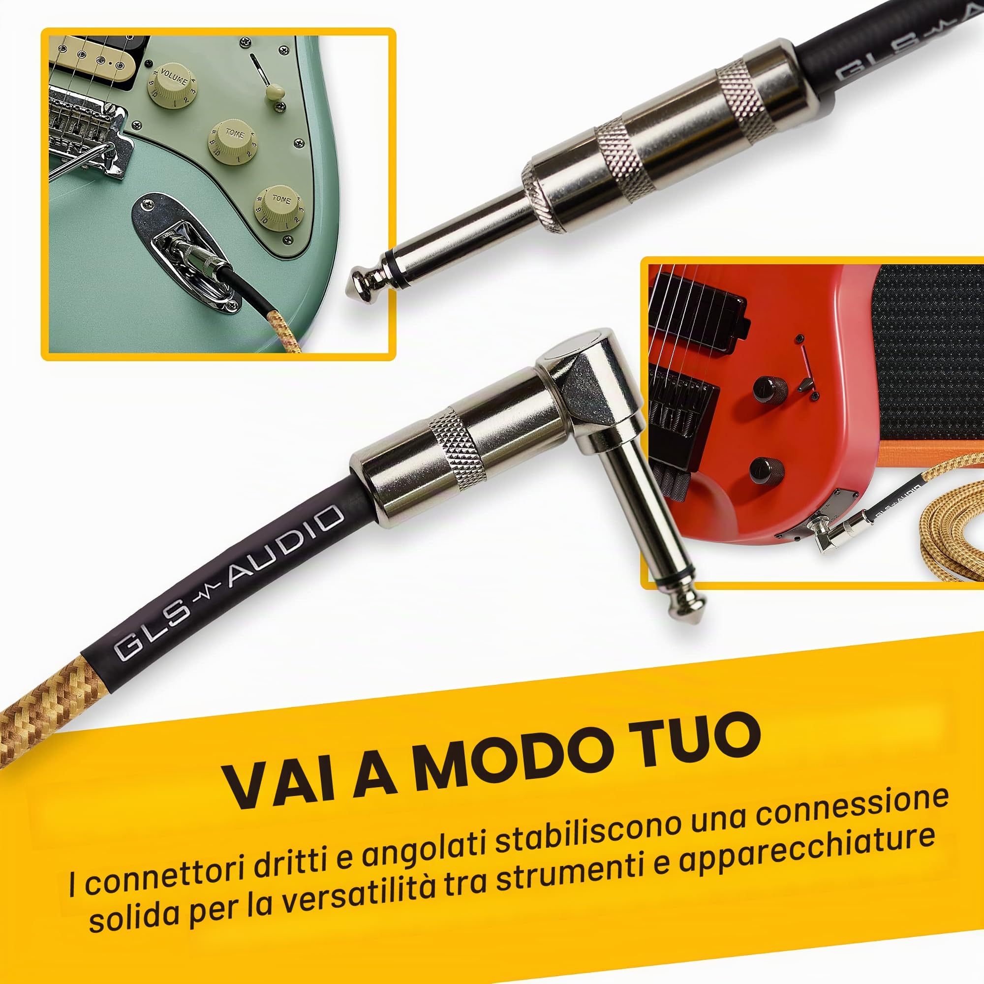 GLS Audio Cavo per strumenti - Cavo amplificatore per basso e chitarra elettrica, cavo dritto ad angolo retto da 1/4", in tweed intrecciato marrone/giallo, 6,1 m
