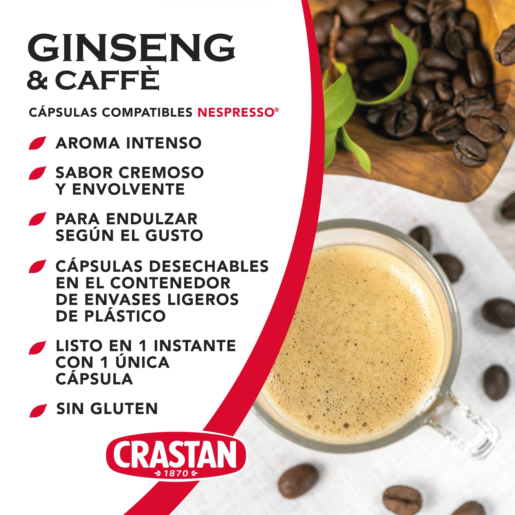 CRASTAN 1870, 90 Cápsulas, 6 Cajas de 15 Cápsulas de Bebida Ginseng y Café, Cápsulas Compatibles con Nespresso de Azúcar al Gusto, Bebida Sin Gluten, 100% Made in Italy