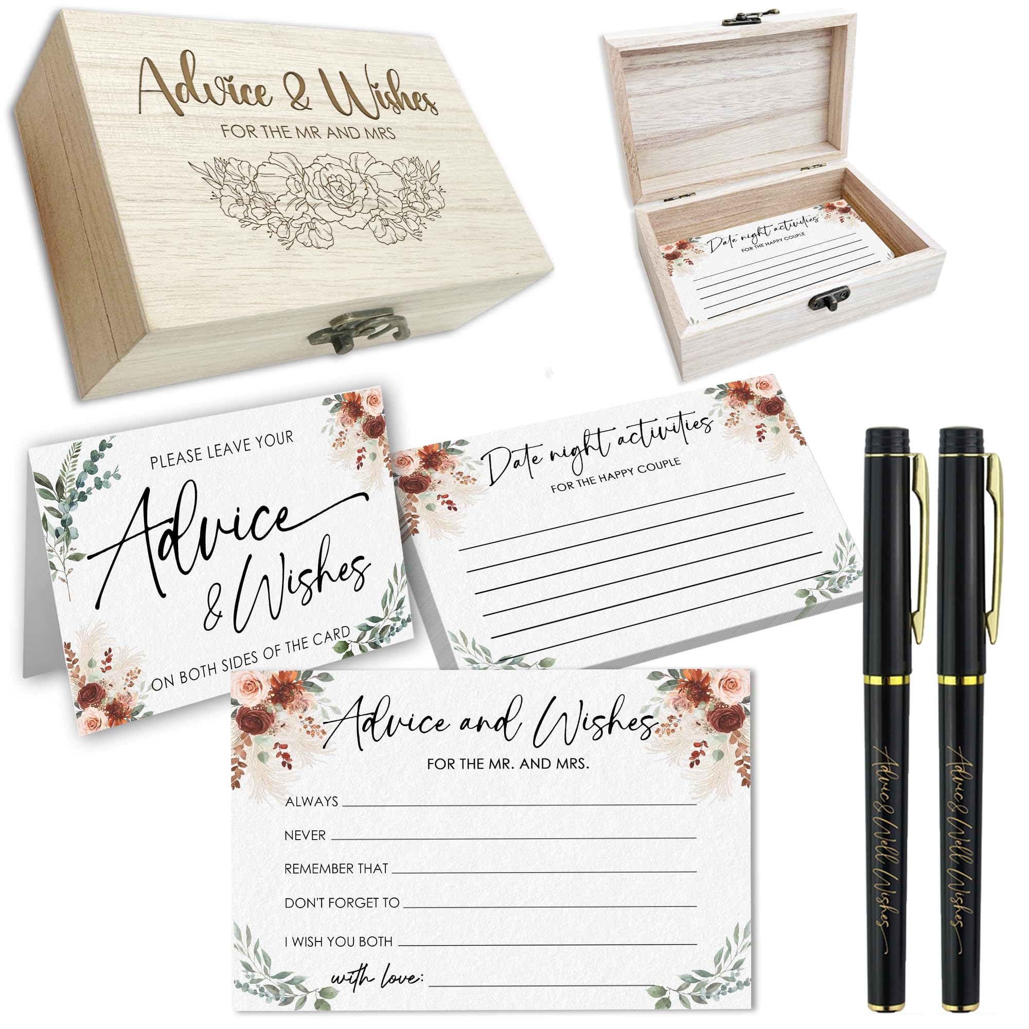 Wedding Advice Cards - Boho Flowers Set with Wooden Box -1