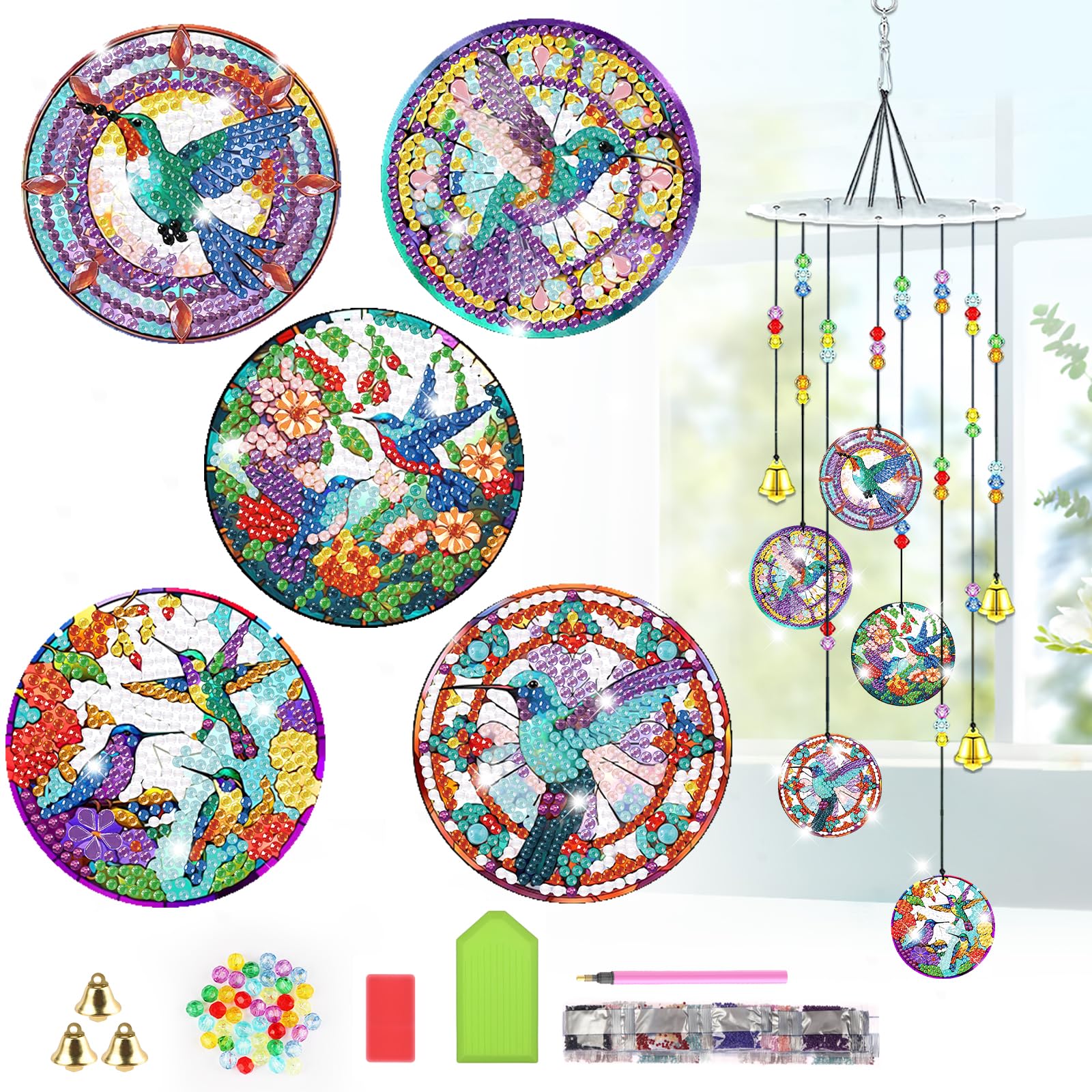 Lxmsja Hummingbird Diamond Art Painting Wind Chimes for Garden, Hanging Crystal Suncatcher, Diamond Painting Kits for Adults Kids, Mosaic Kits for Adults, Wind Chimes Indoor Outdoor Decor