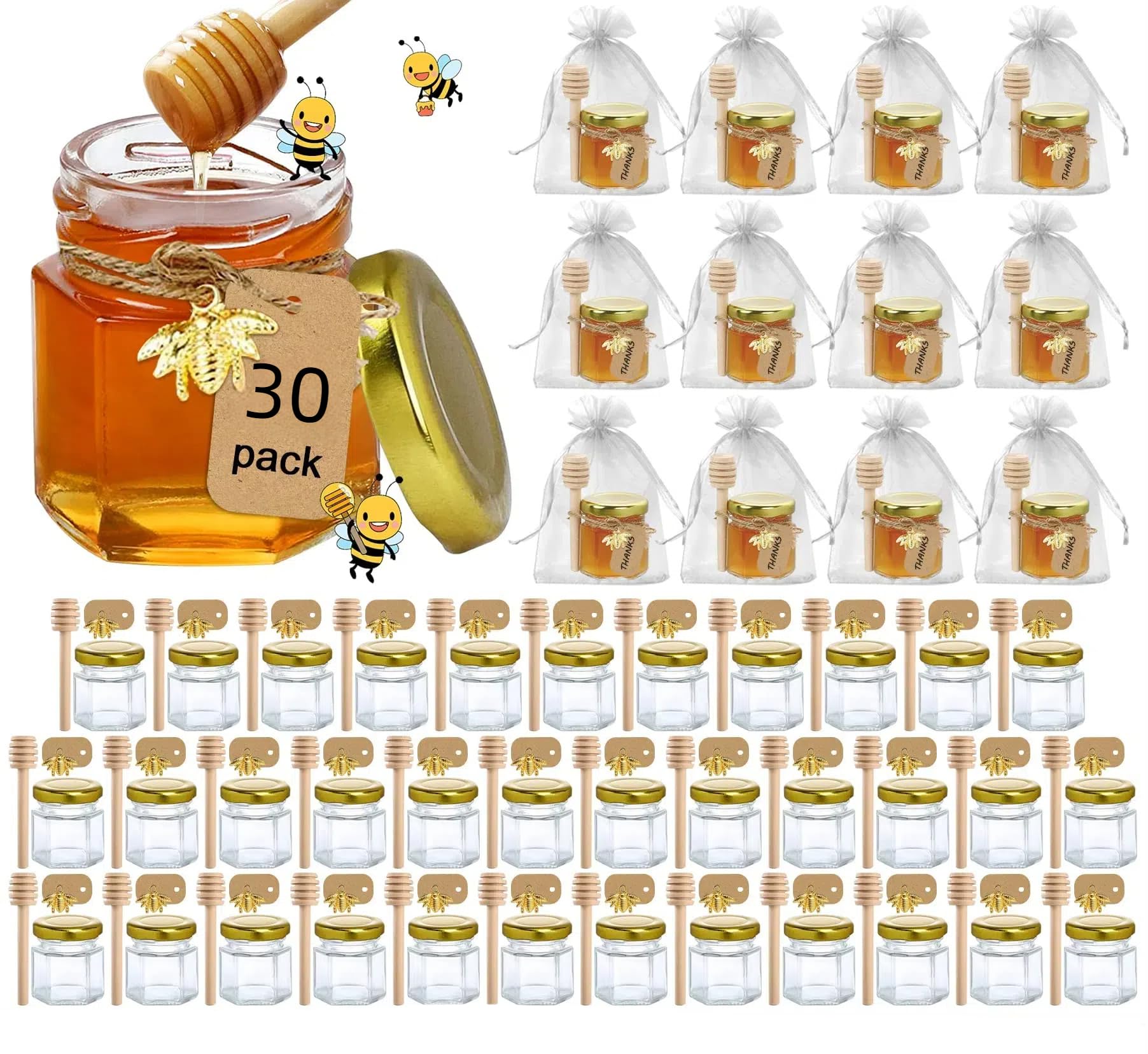THE WHITE SHOP Honey Jars,30 Pack Mini Jars Party Favors in Bulk, 1.5 oz Hexagon Small Glass with Dipper, Gold Lids, Cute Bee Pendants, Gift Bags and Jute for Wedding(Size : 30pcs)