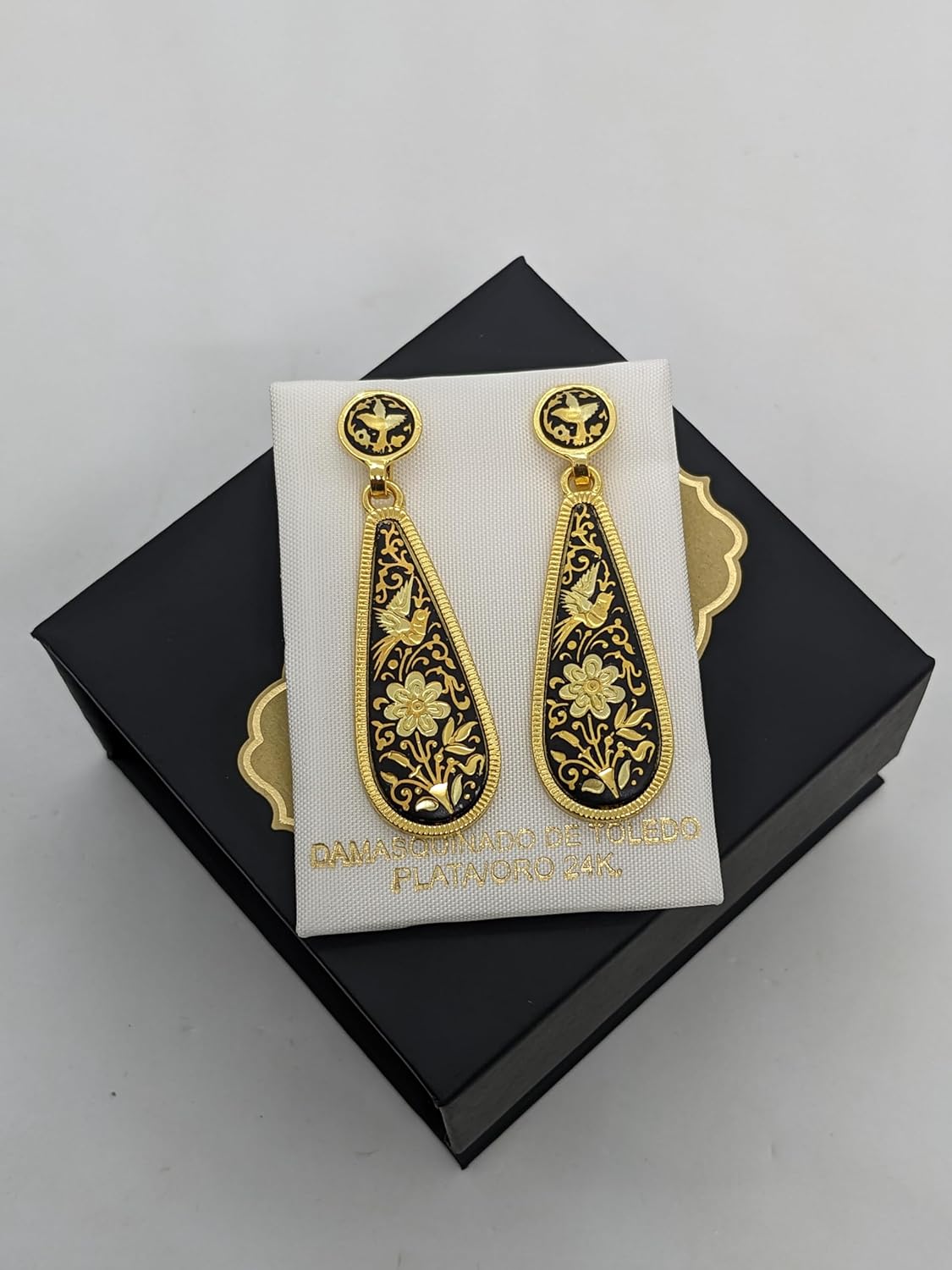 Vintage Damascene Spanish long drop earrings Spain 24K Gold & Steel - Flowers