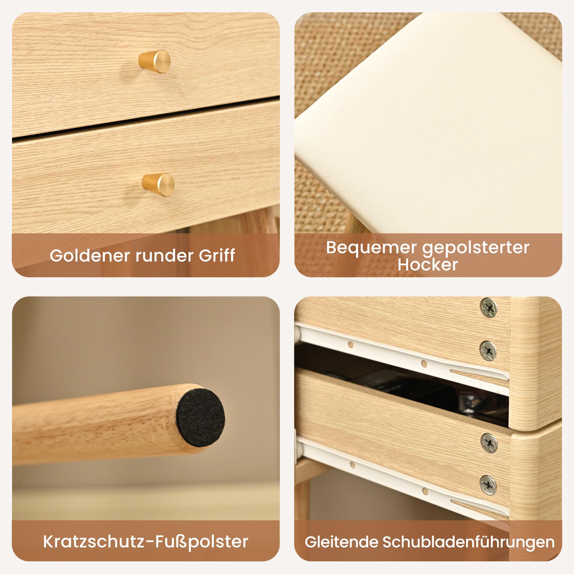 Pamapic Schminktisch, Schminktisch mit Verstellbarem LED Beleuchtung & Gepolstertem Hocker, Frisiertisch mit Sichtglasplatte Für Das Schlafzimmer, Natur