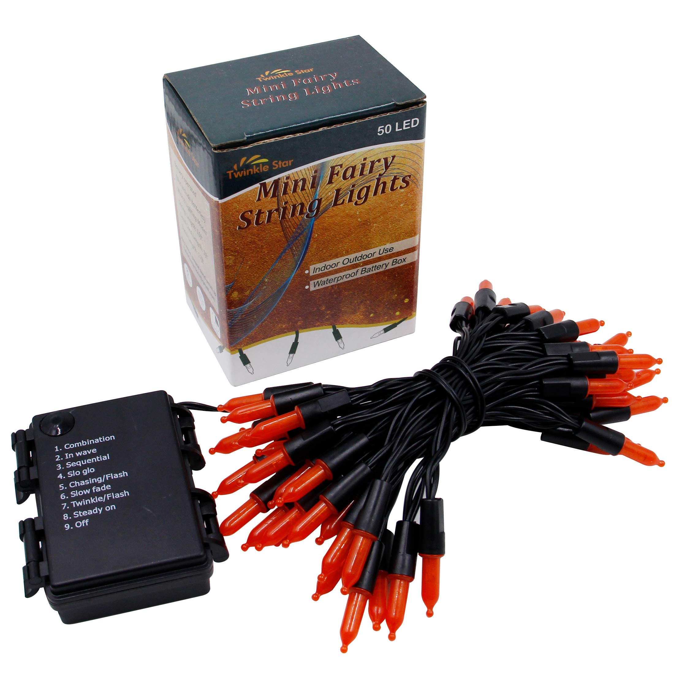 Guirnalda de luces naranjas, 50 luces LED naranjas de Halloween, funciona con pilas, luces de árbol impermeables con 8 modos de iluminación, interiores y exteriores, patio, jardín, 7