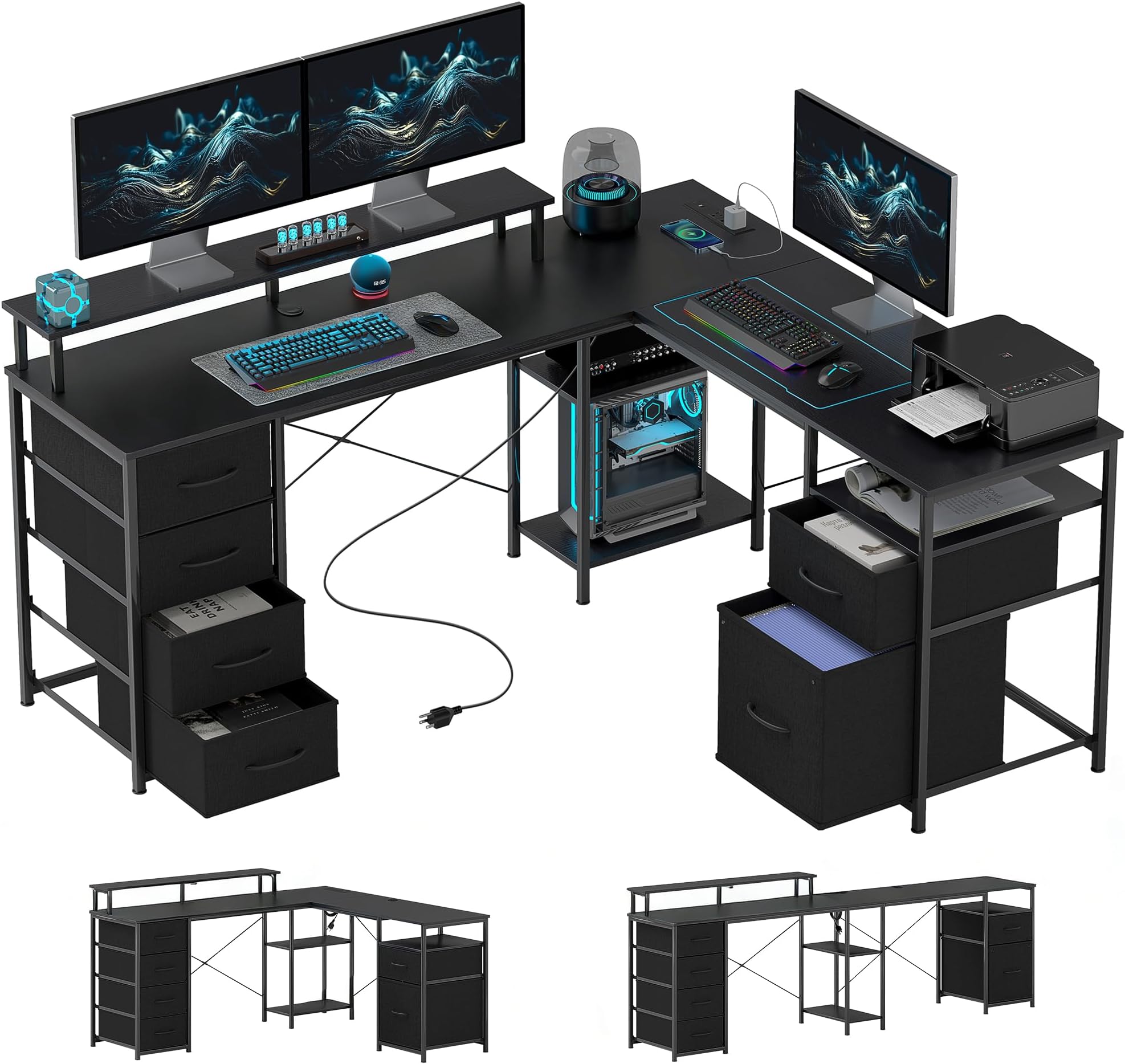 HOMCOM 66" L Shaped Gaming Desk, Reversible, 105" 2 Person Computer Desk with File Cabinet and Fabric Drawers, Power Outlets and LED Lights, Monitor Stand, Distressed Black
