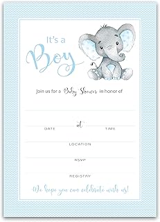 ITâ€™S A BOY! â€” Boy Elephant BABY SHOWER INVITATIONSâ€” Pack of 25 â€” BLUE Peanut Baby Shower Blank Fill-in INVITES, Chic, Unique, BLUE Baby BOY Sprinkle Invites, DIY Invites Polka Dot SKU I501-INV1