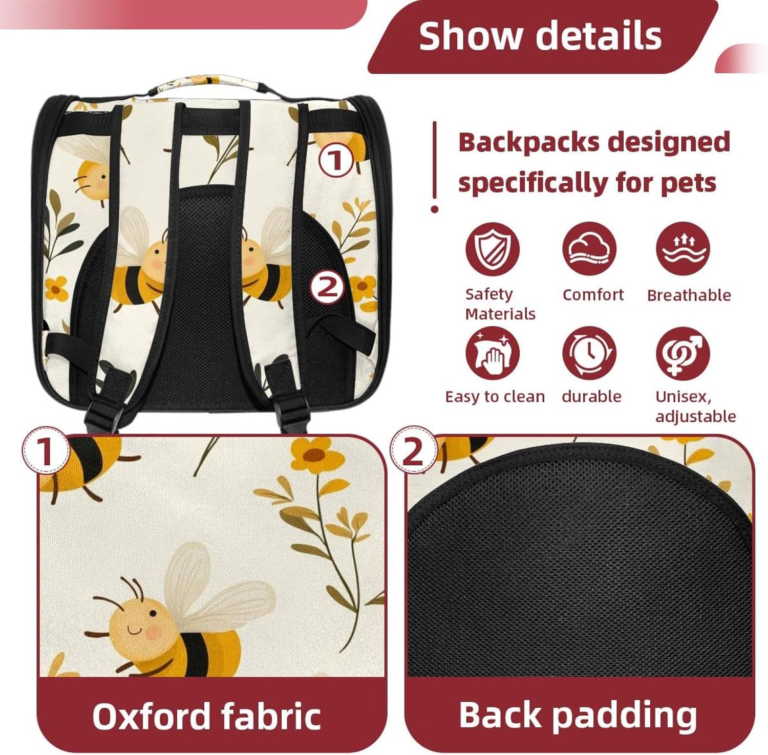 Portable Travel pet Backpack Carrier Hamster Bag Small Dog cat Carrier Breathable Hang Bag, Honey bee (7)