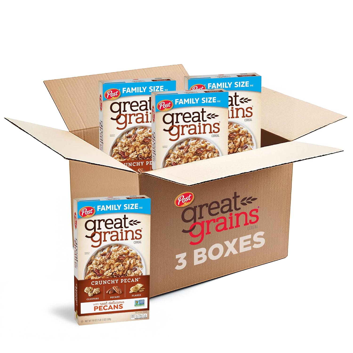 Great Grains Crunchy Pecans Breakfast Cereal for Adults, Crispy Flakes and Granola Clusters, Non-GMO, Heart Healthy, Made with Whole Grain, 19 oz Box (Pack of 3)