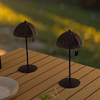 Eyely 12.75" Wicker Shade Integrated LED Table Lamp, Dark Brown (Set of 2) | Indoor/Outdoor, Dimmable, Rechargeable/Cordless, Coastal, 3000-4500-6500K, Lantern Lights Outside for Garden,Yard,Patio