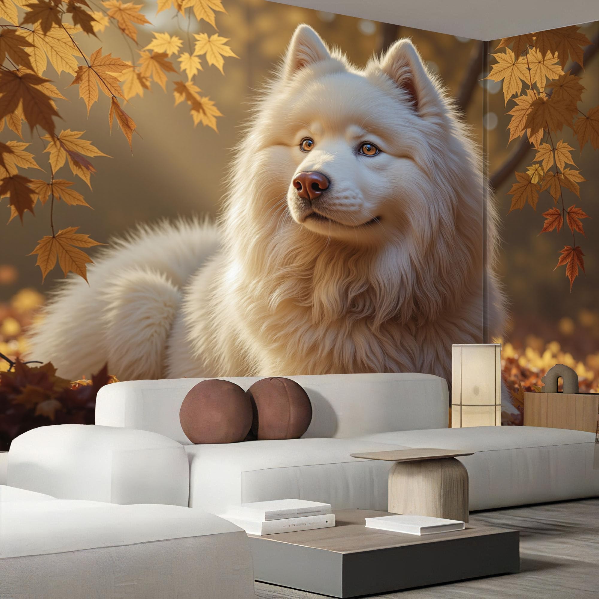 Papier peint mignon samoyède forêt automne 3D panoramique salon 350x256cm