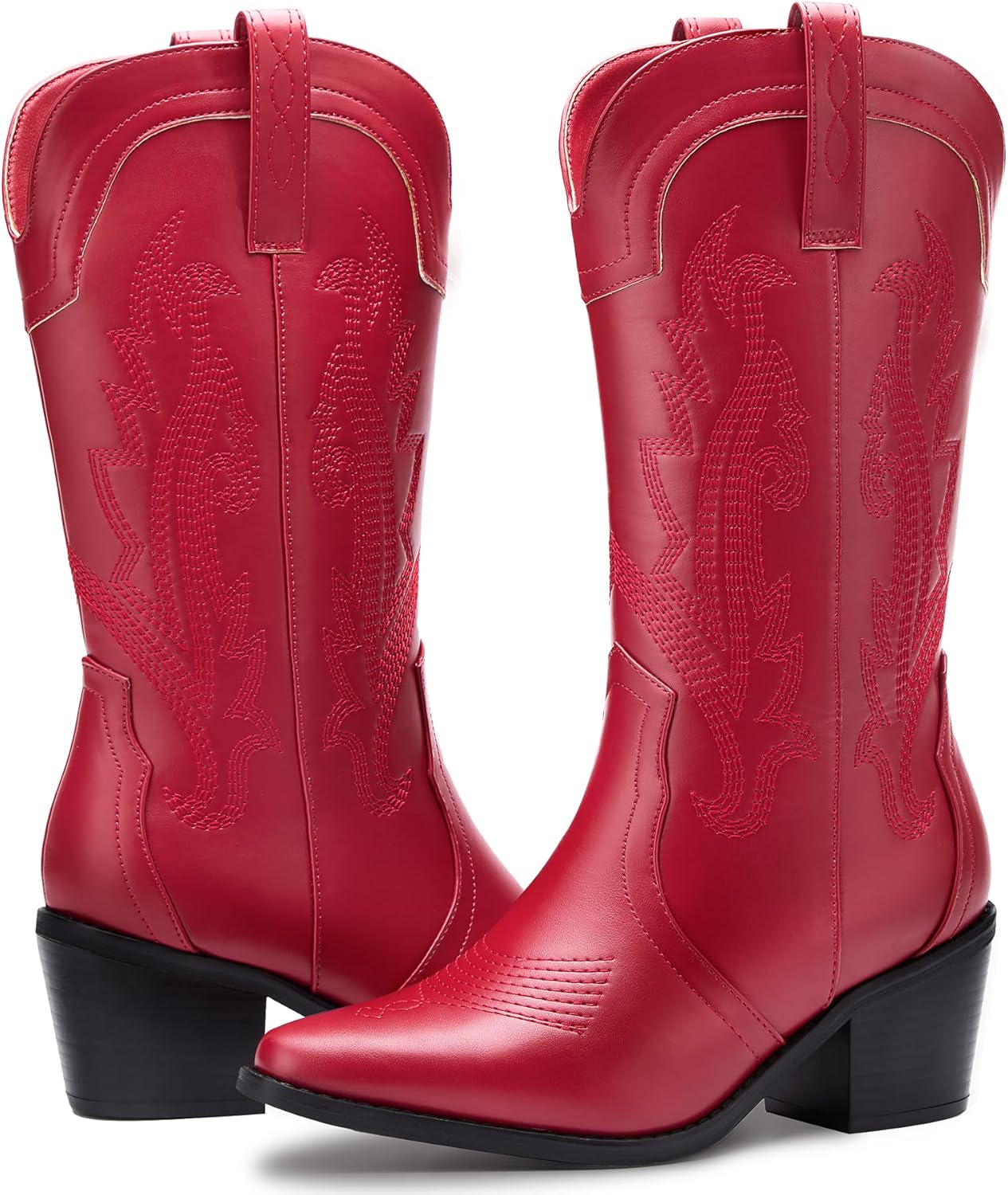 Women's Cowboy Boots Pointed Toe Western Boots Embroidered Mid-Calf Chunky Block Heel Cowgirl Boots - Image 4