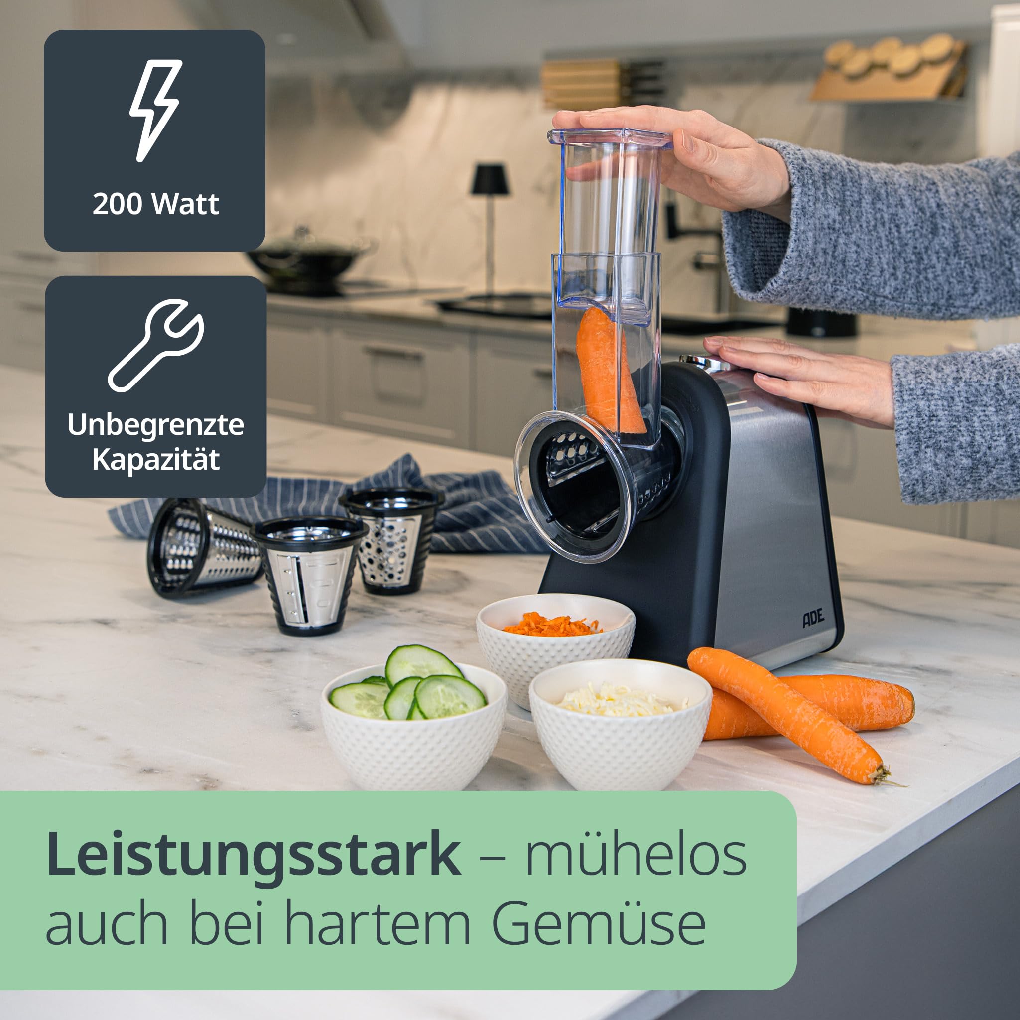 ADE Elektrische rasp KA1802 Elektrische keukenrasp (groenterasp, aardappelrasp, kaasrasp, 500 wat