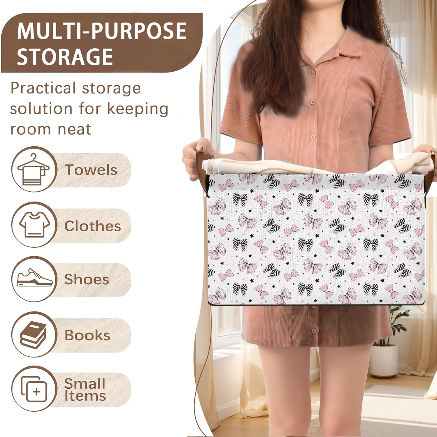 Bowknot Storage Basket Large 17x11.5x10.5 Inches - Collapsible Fabric Organizer Bin with Handles for Toys,Laundry,Closet - Foldable Decorative Hamper with Bow Design - Single Pack